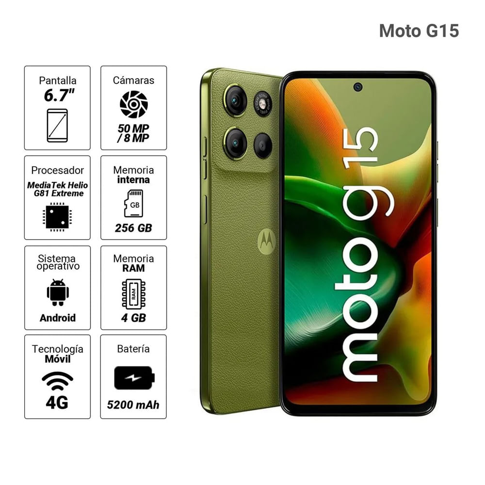 Imagen 2 del producto Celular Motorola G15 4G, 256GB, 4GB RAM, cámara trasera 50MP y frontal 8MP, 6.7"", verde