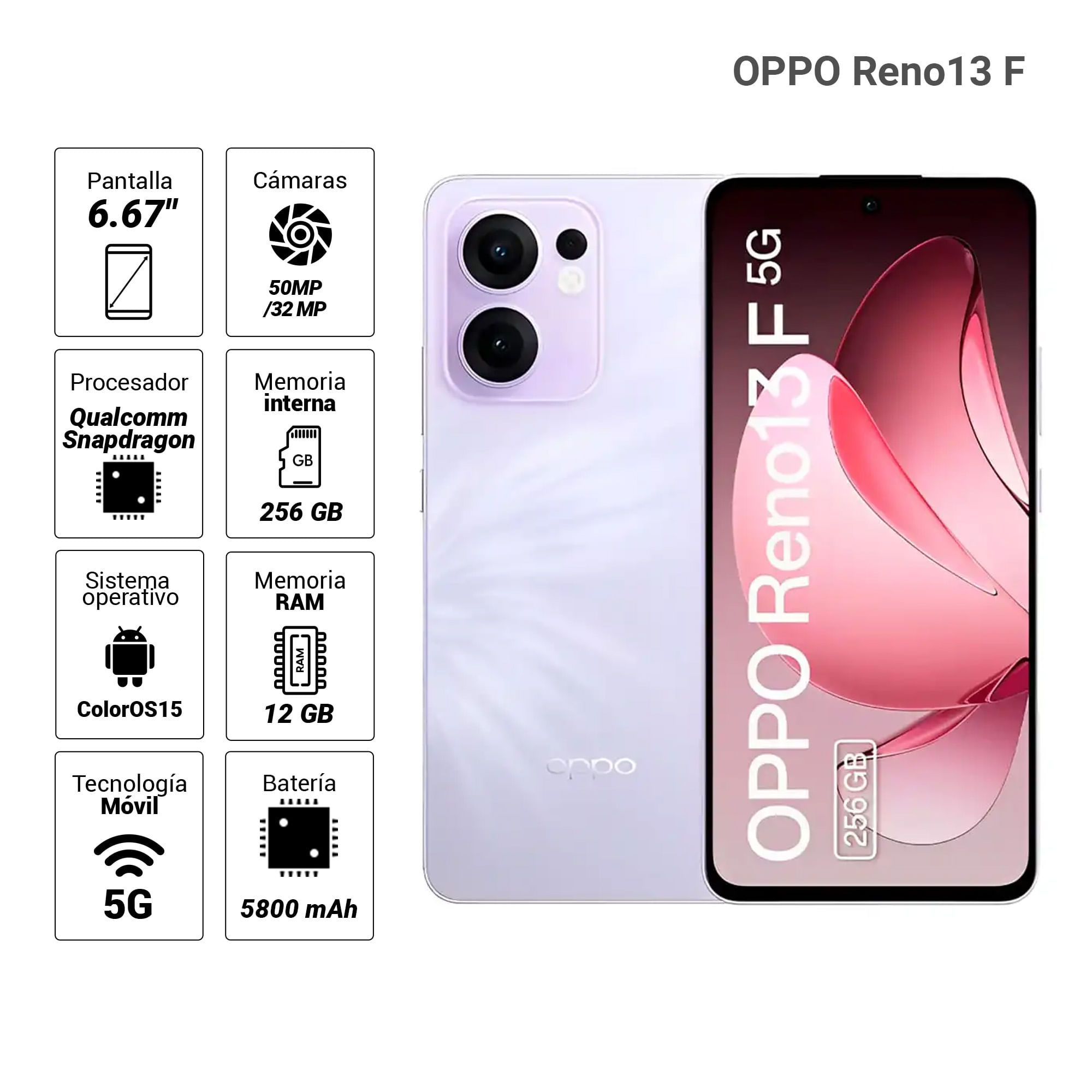 Imagen 2 del producto Celular OPPO Reno13 F 5G 256GB, 12GB RAM, cámara trasera 50MP y frontal 32MP, 6.67"", morado