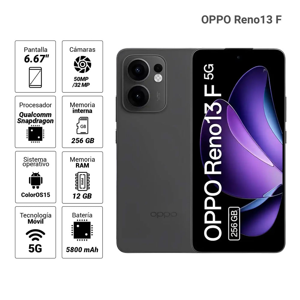Imagen 2 del producto Celular OPPO Reno13 F 5G 256GB, 12GB RAM, cámara trasera 50MP y frontal 32MP, 6.67"", gris