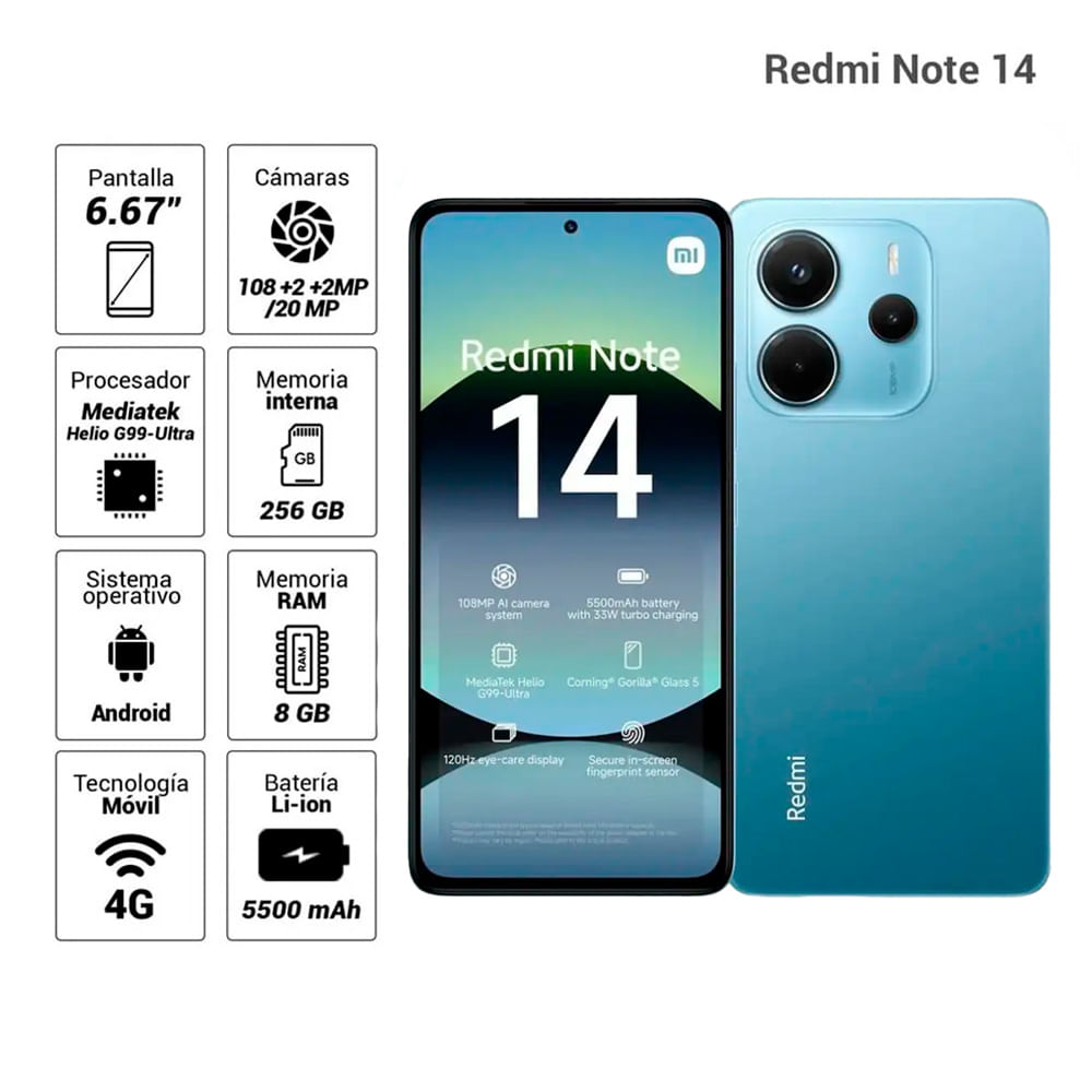 Imagen 2 del producto Celular Xiaomi Redmi Note 14, 256GB, 8GB RAM, cámara trasera 108MP y frontal 20MP, azul