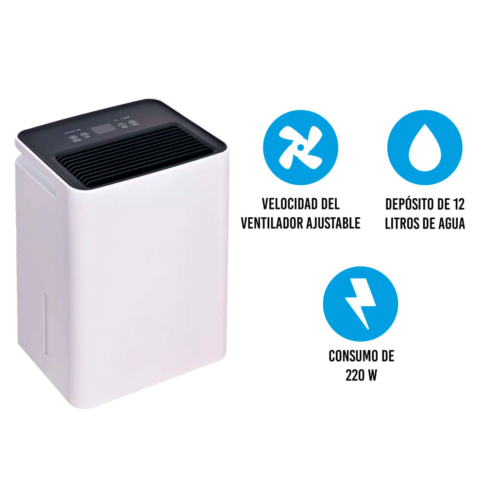 Imagen 2 del producto Deshumedecedor de aire portátil PD12-02AE, 12 litros por día, silencioso 43 dB, compacto, blanco