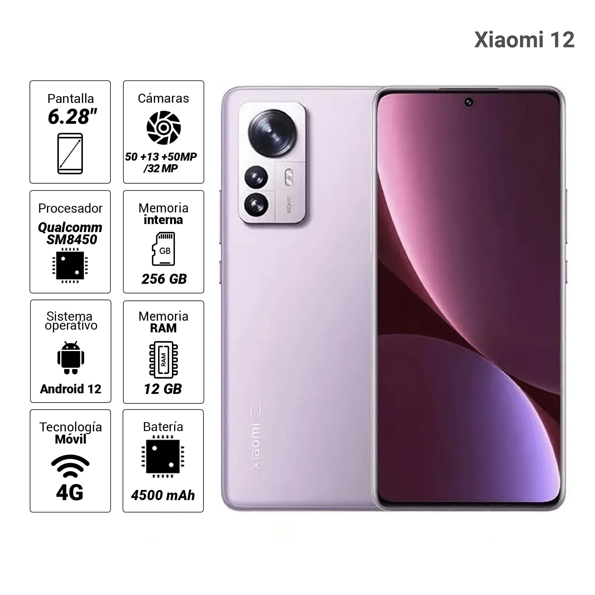 Imagen 2 del producto Celular Xiaomi 12 4G 256GB, 12GB RAM, cámara trasera 50MP y frontal 32MP, 6.28"", lila + audífonos true wireless JBL