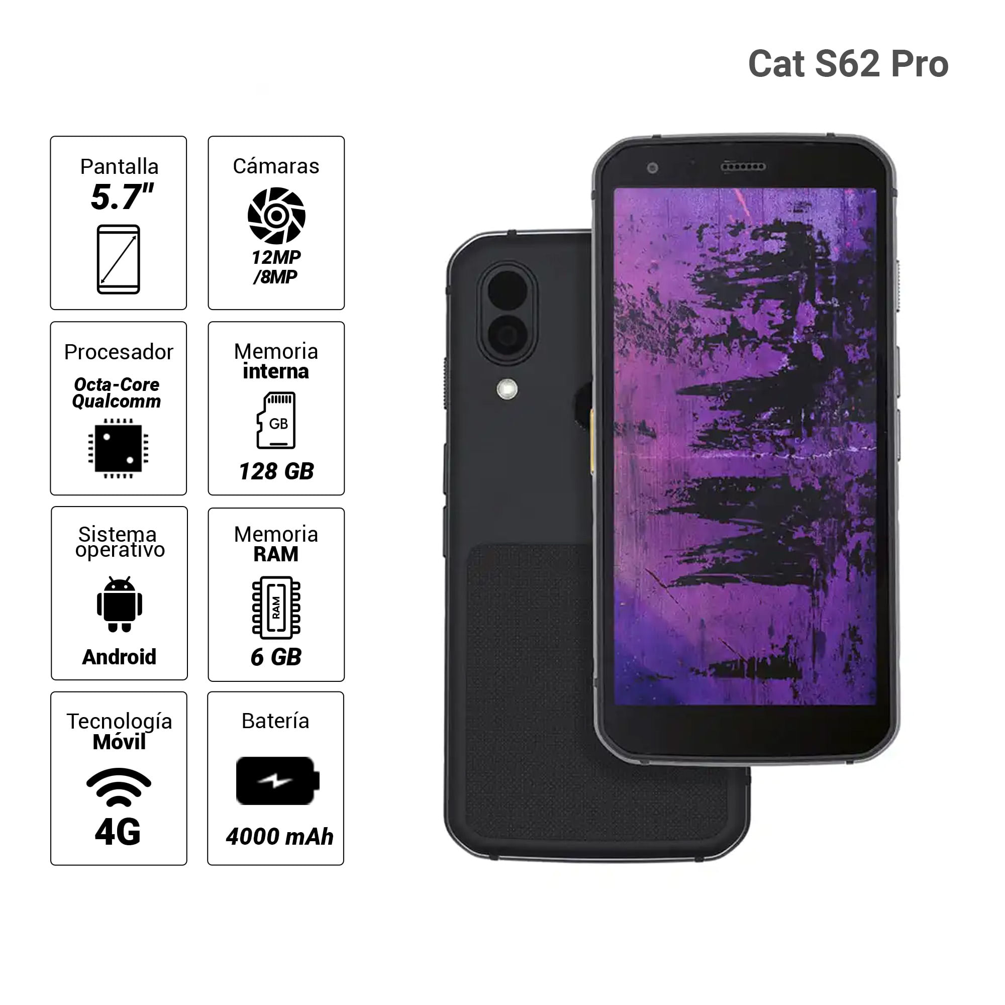 Imagen 2 del producto Celular Cat S62 Pro, 128GB, 6GB RAM, cámara trasera 12MP y frontal 8MP, 5.7"", negro
