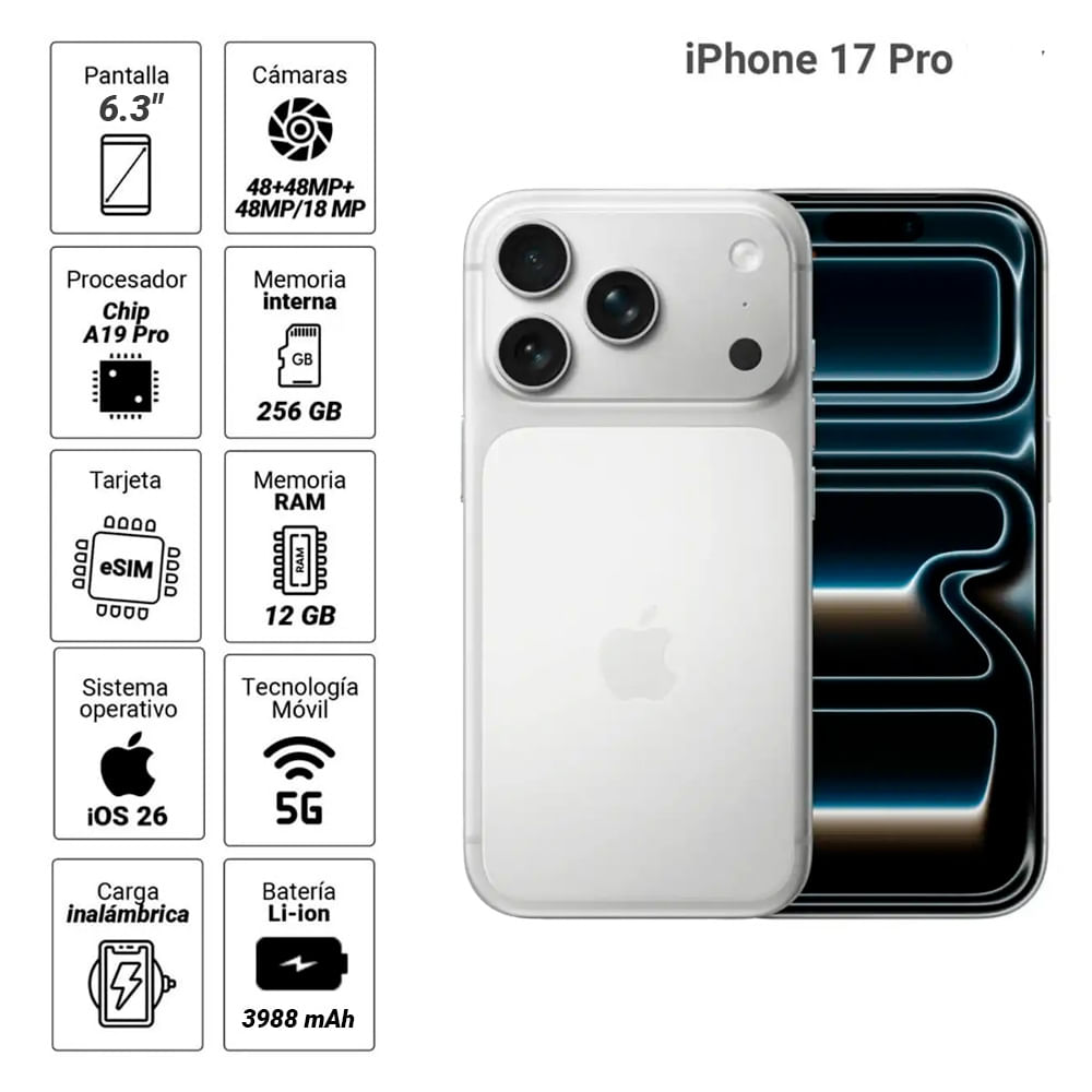Imagen 2 del producto iPhone 17 Pro eSIM 5G 256GB, 12GB, cámara trasera 48MP y frontal 18MP, 6.3"", silver