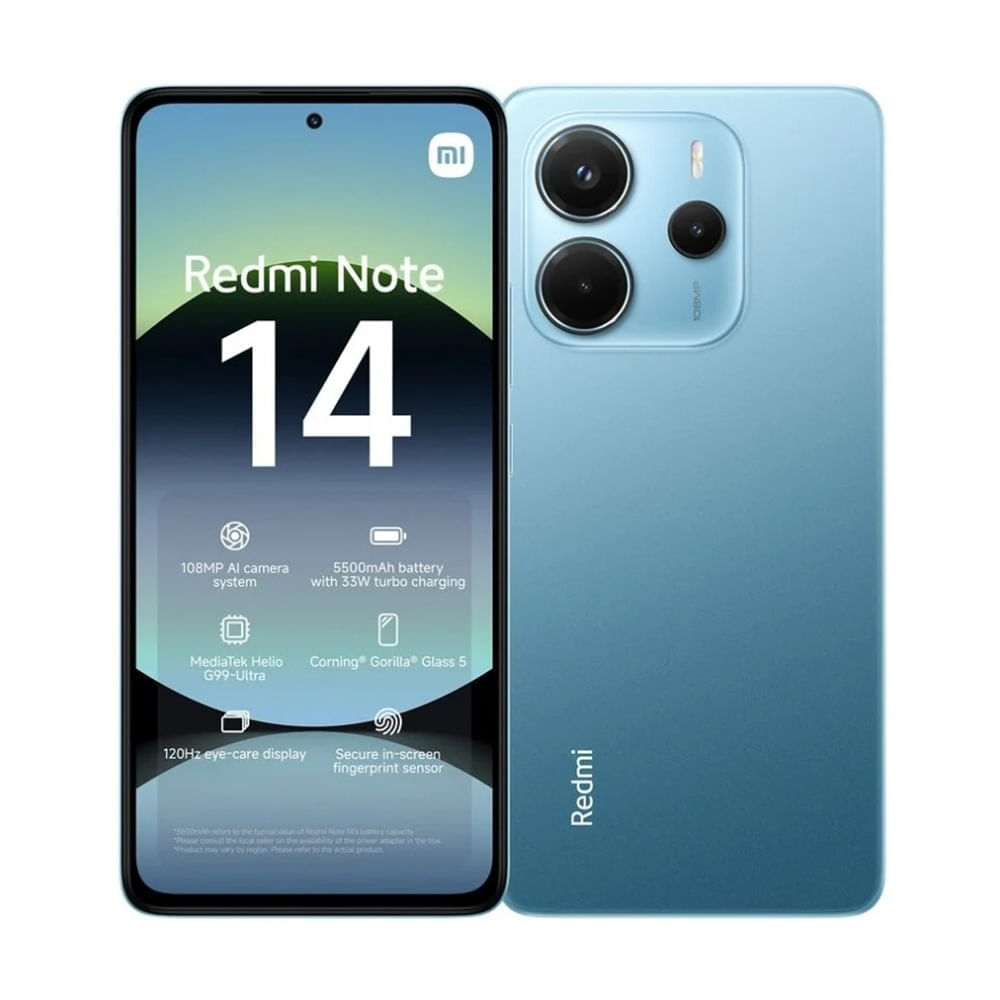 Celular Xiaomi Redmi Note 14 4G 128GB, 6GB RAM, cámara trasera 108MP y frontal 20MP, 6.67", azul