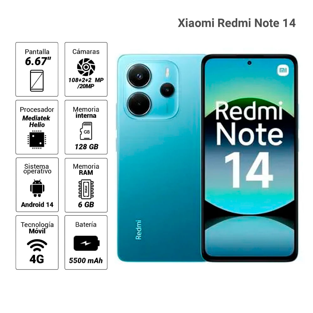 Imagen 2 del producto Celular Xiaomi Redmi Note 14 4G 128GB, 6GB RAM, cámara trasera 108MP y frontal 20MP, 6.67"", azul