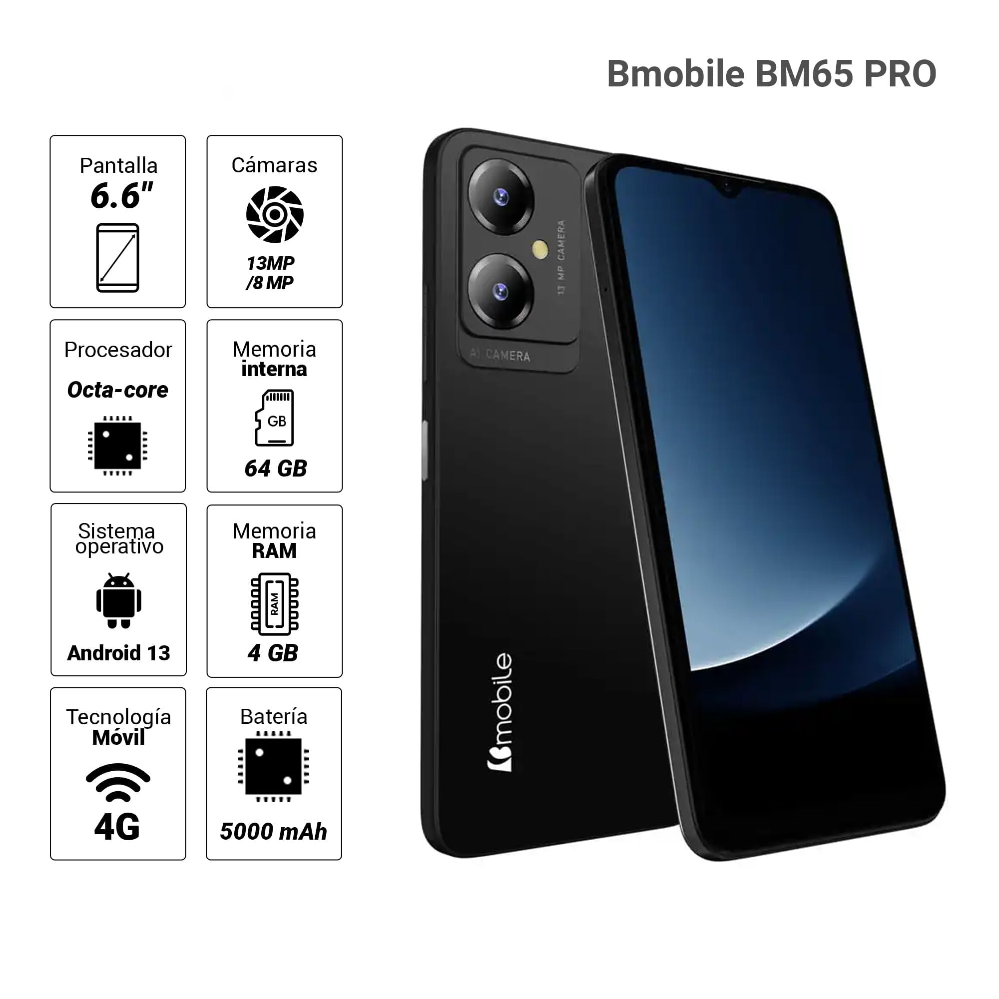 Imagen 2 del producto Bmobile BM65 PRO 4G 64GB, 4GB RAM, cámara principal 13MP, frontal 8MP, 6.6"", negro