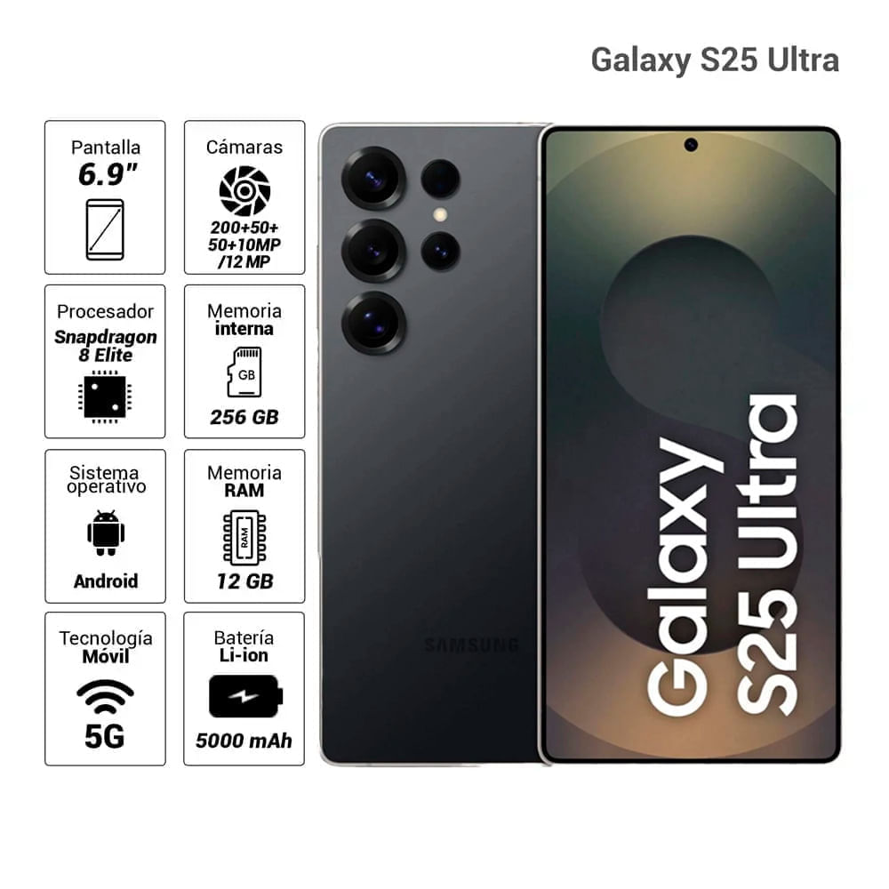 Imagen 2 del producto Celular Samsung Galaxy S25 Ultra 5G 256GB, 12GB RAM, cámara trasera 200MP y frontal 12MP, 6.9"", Titanium Black