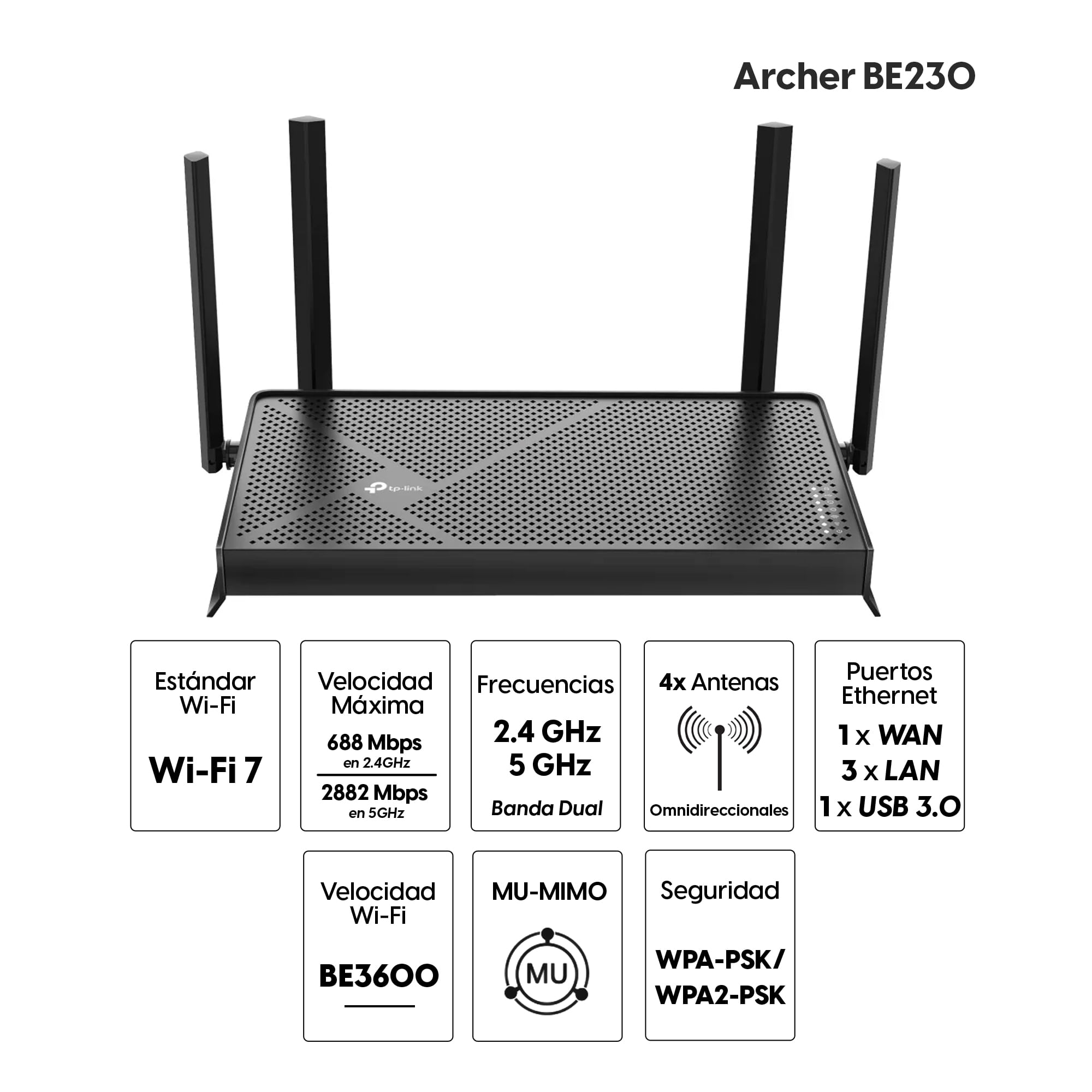 Imagen 2 del producto Router TP-Link Archer BE230 Wi-Fi 7, doble banda, 688Mbps en 2.4GHz y 2882Mbps en 5GHz, 4 antenas, 4 puertos Ethernet y 1 puerto USB, negro