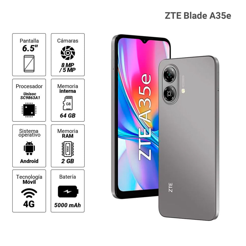 Imagen 2 del producto Celular ZTE A35e 4G, 64GB, 2GB RAM, cámara trasera 8MP y frontal 5MP, 6.52"", gris