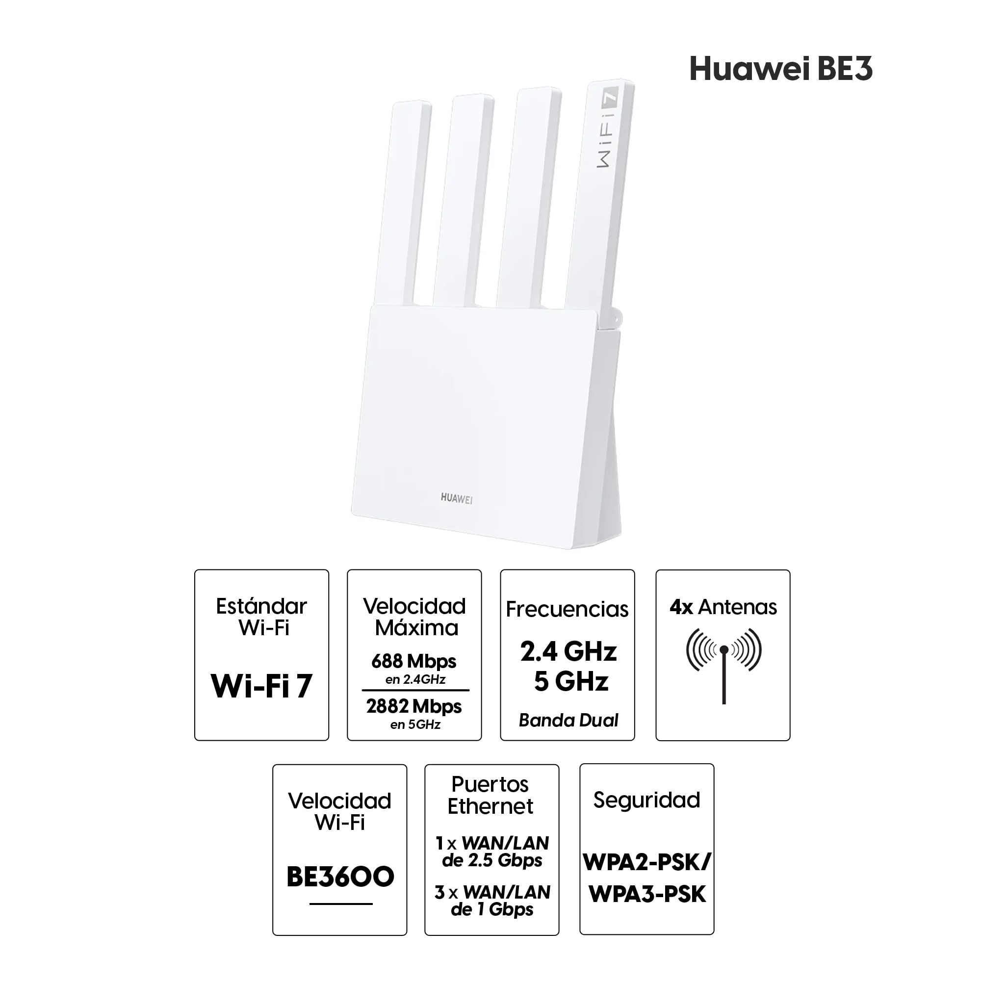 Imagen 2 del producto Router Huawei BE3 Wi-Fi 7, doble banda, 688Mbps en 2.4GHz y 2882Mbps en 5GHz, 4 antenas, 4 puertos WAN/LAN, blanco