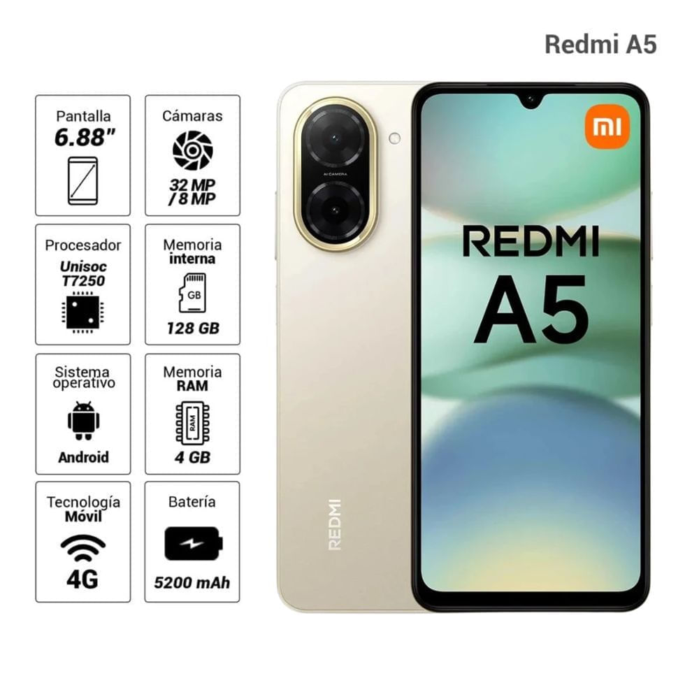 Imagen 2 del producto Celular Xiaomi Redmi A5 4G 128GB, 4GB RAM, cámara trasera 32MP y frontal 8MP, 6.88"", dorado