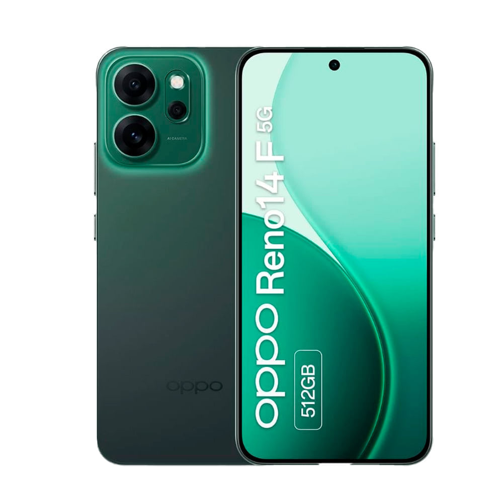Celular OPPO Reno 14F 5G 512GB, 12GB RAM, cámara trasera 50MP y frontal 32MP, 6.57", verde luminoso