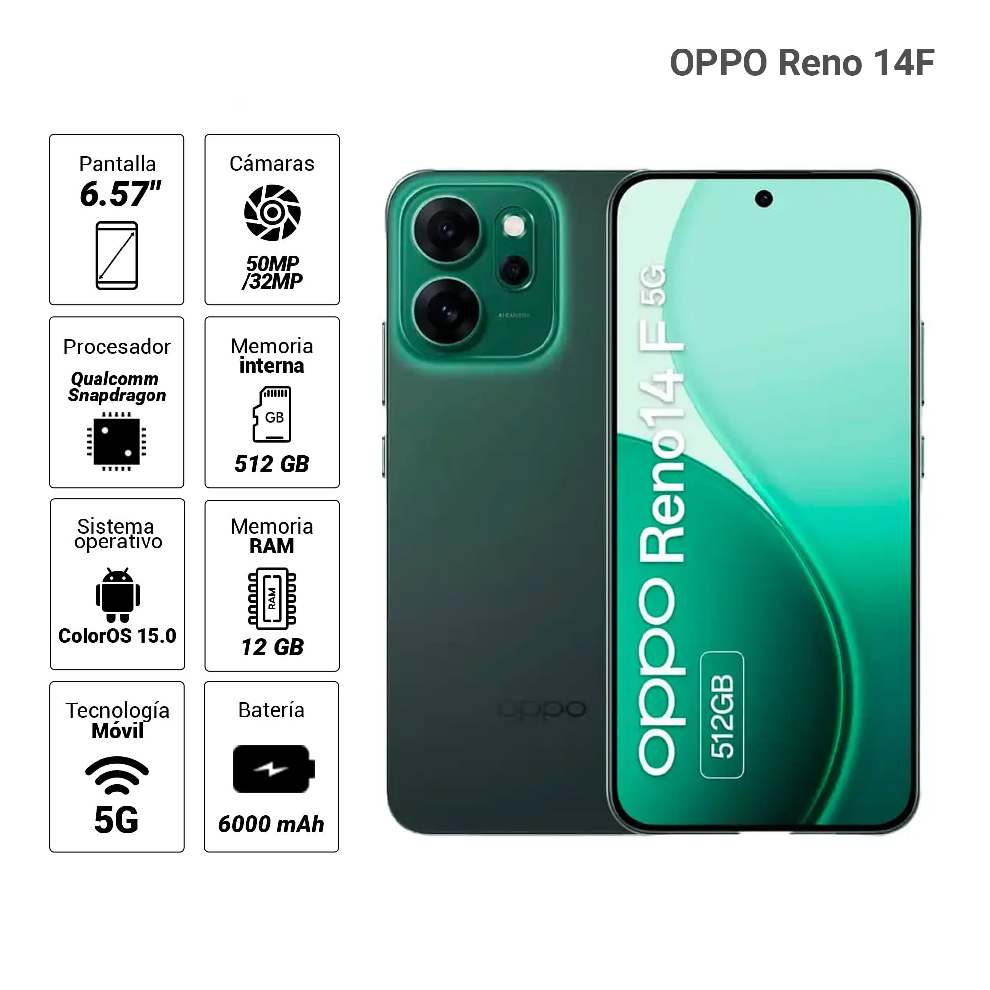 Imagen 2 del producto Celular OPPO Reno 14F 5G 512GB, 12GB RAM, cámara trasera 50MP y frontal 32MP, 6.57"", verde luminoso