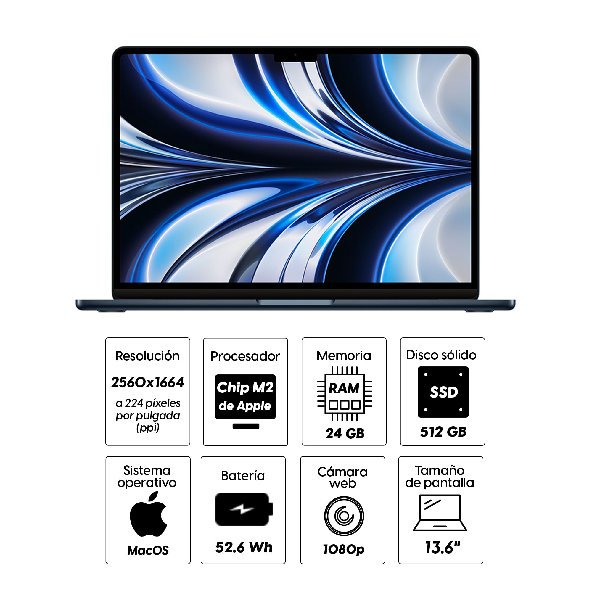 Imagen 2 del producto MacBook Air 13.6"" Chip M2, GPU de 8 núcleos, 512GB SSD, 24GB RAM, macOS, midnight