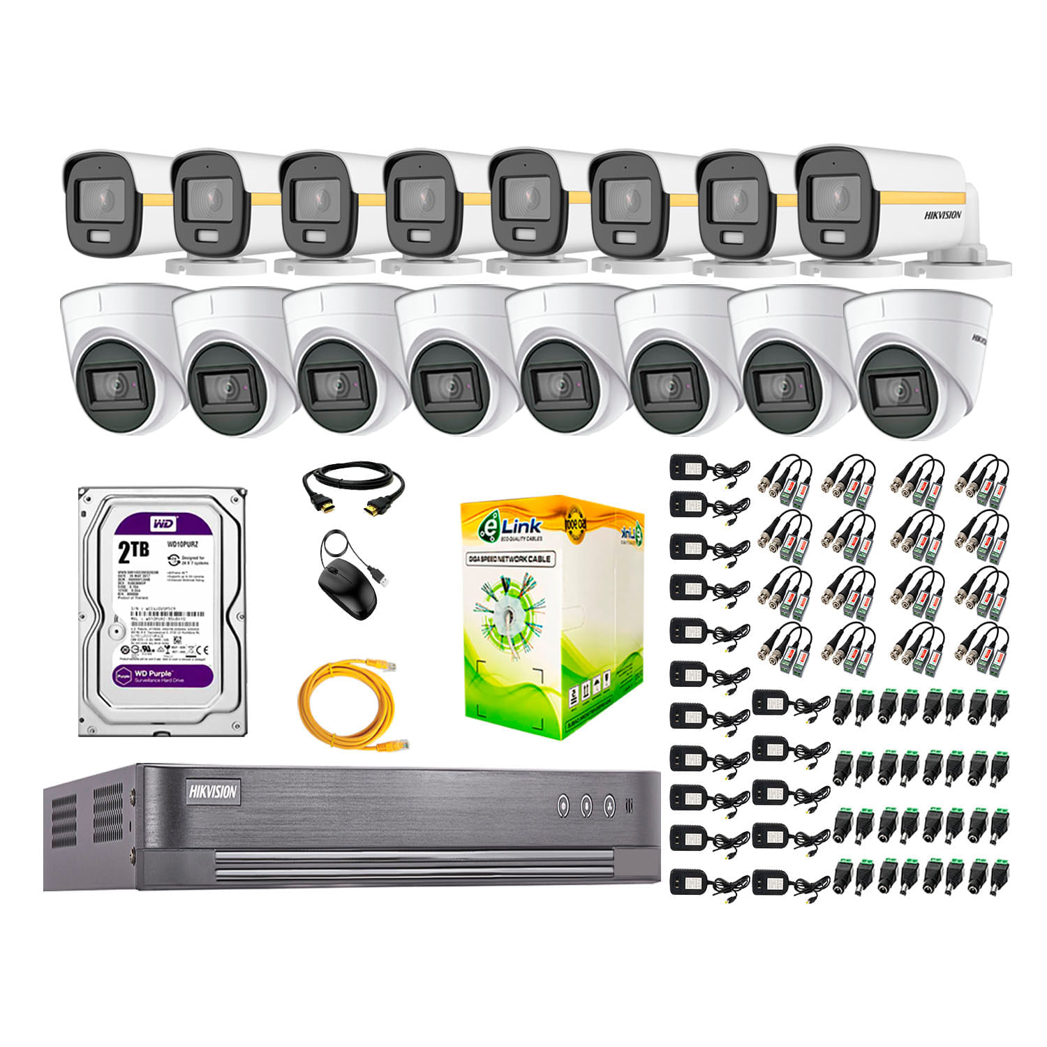 Kit de cámaras de seguridad Hikvision 16 cámaras, Full HD, fijo, audio, visión nocturna a color + disco duro de 2TB
