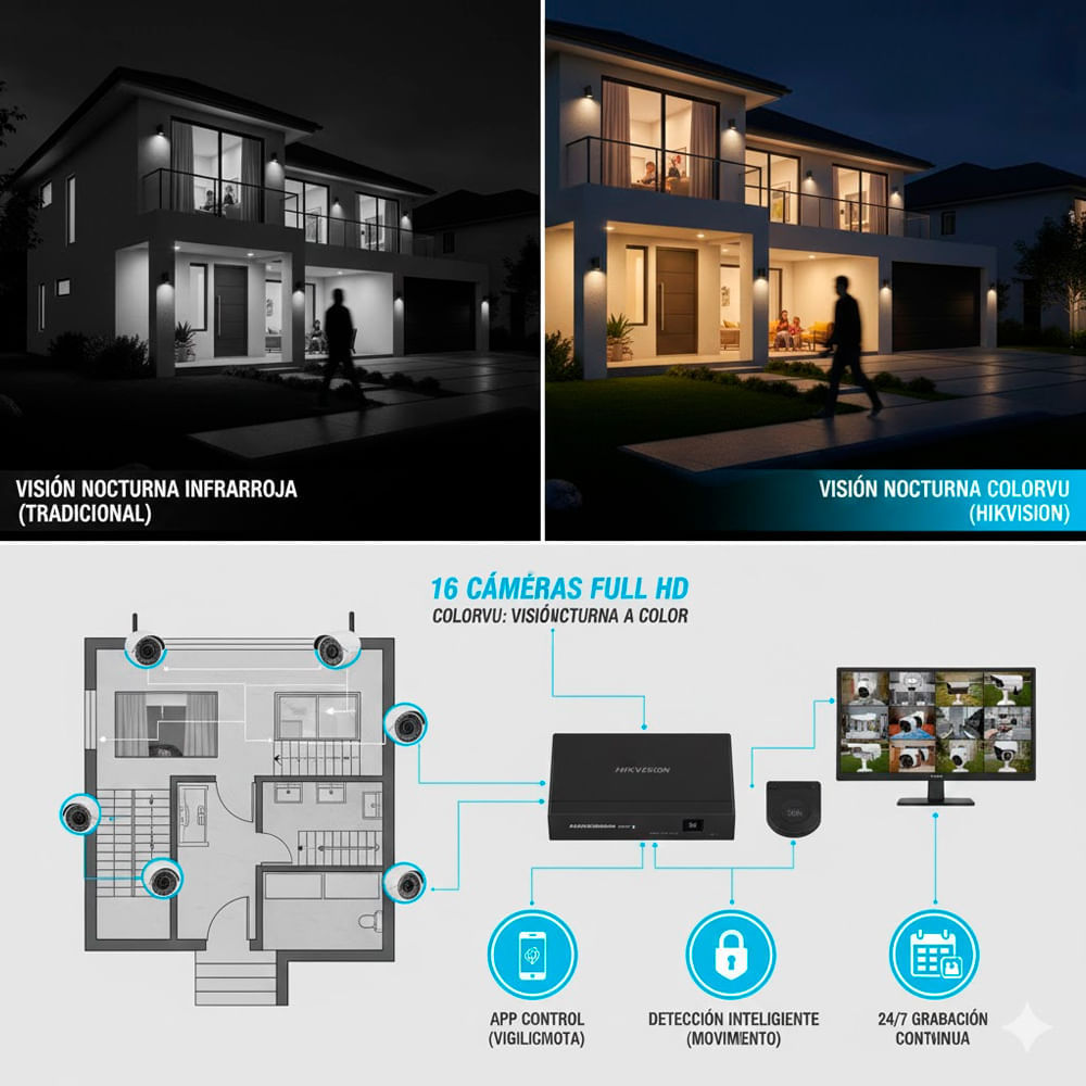 Imagen 2 del producto Kit de cámaras de seguridad Hikvision 16 cámaras, Full HD, fijo, audio, visión nocturna a color + disco duro de 2TB