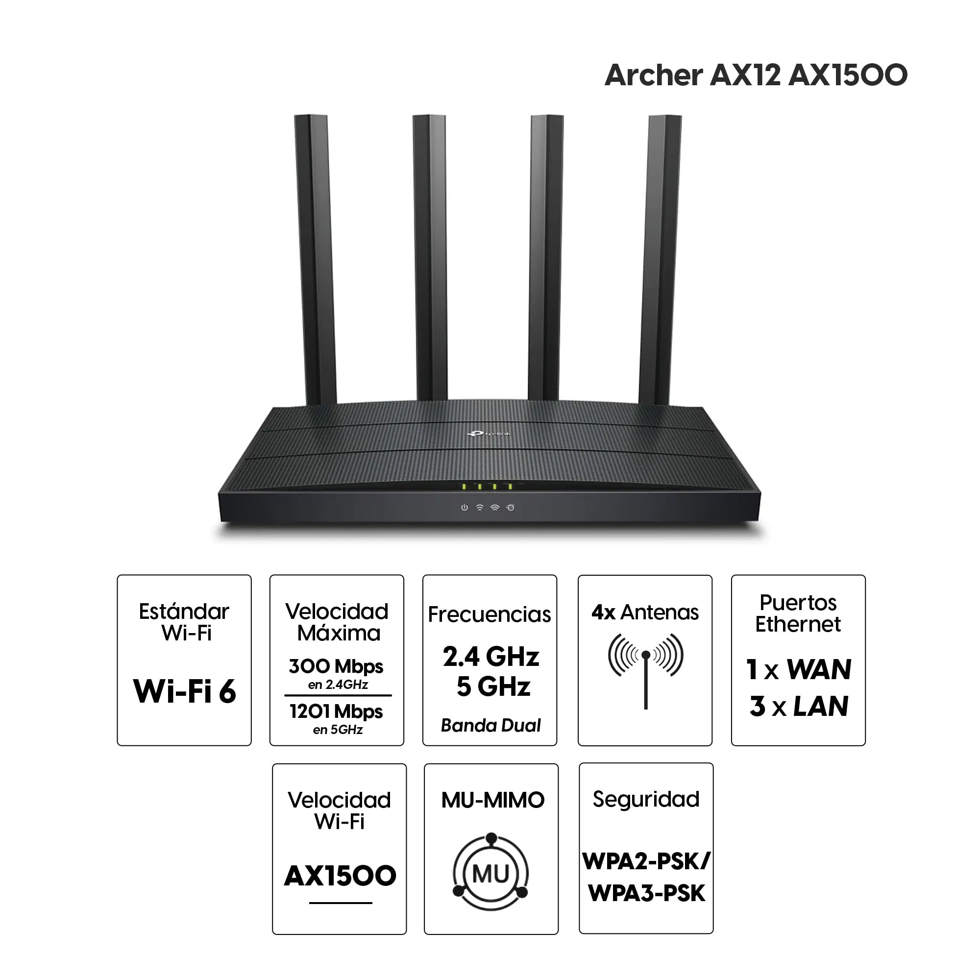 Imagen 2 del producto Router TP-Link AX1500 Wi-Fi 6, doble banda, 300Mbps en 2.4GHz y 1201Mbps en 5GHz, 4 antenas, 4 puertos Ethernet, negro