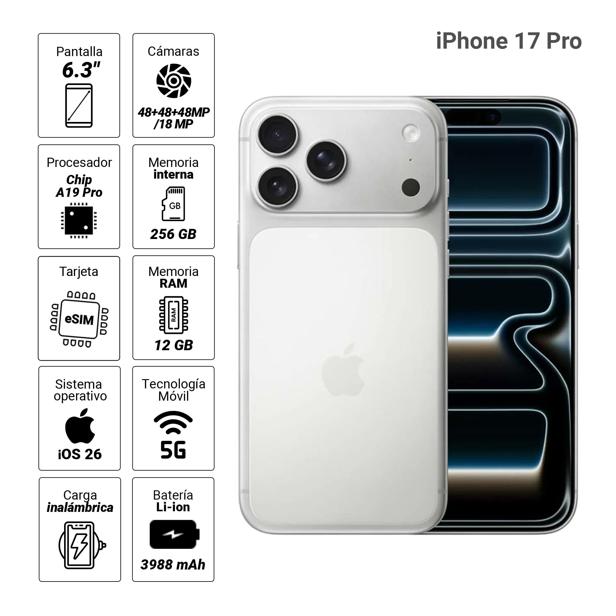 Imagen 2 del producto iPhone 17 Pro 5G 256GB, 12GB RAM, cámara trasera 48MP, frontal 18MP, 6.3"", plateado