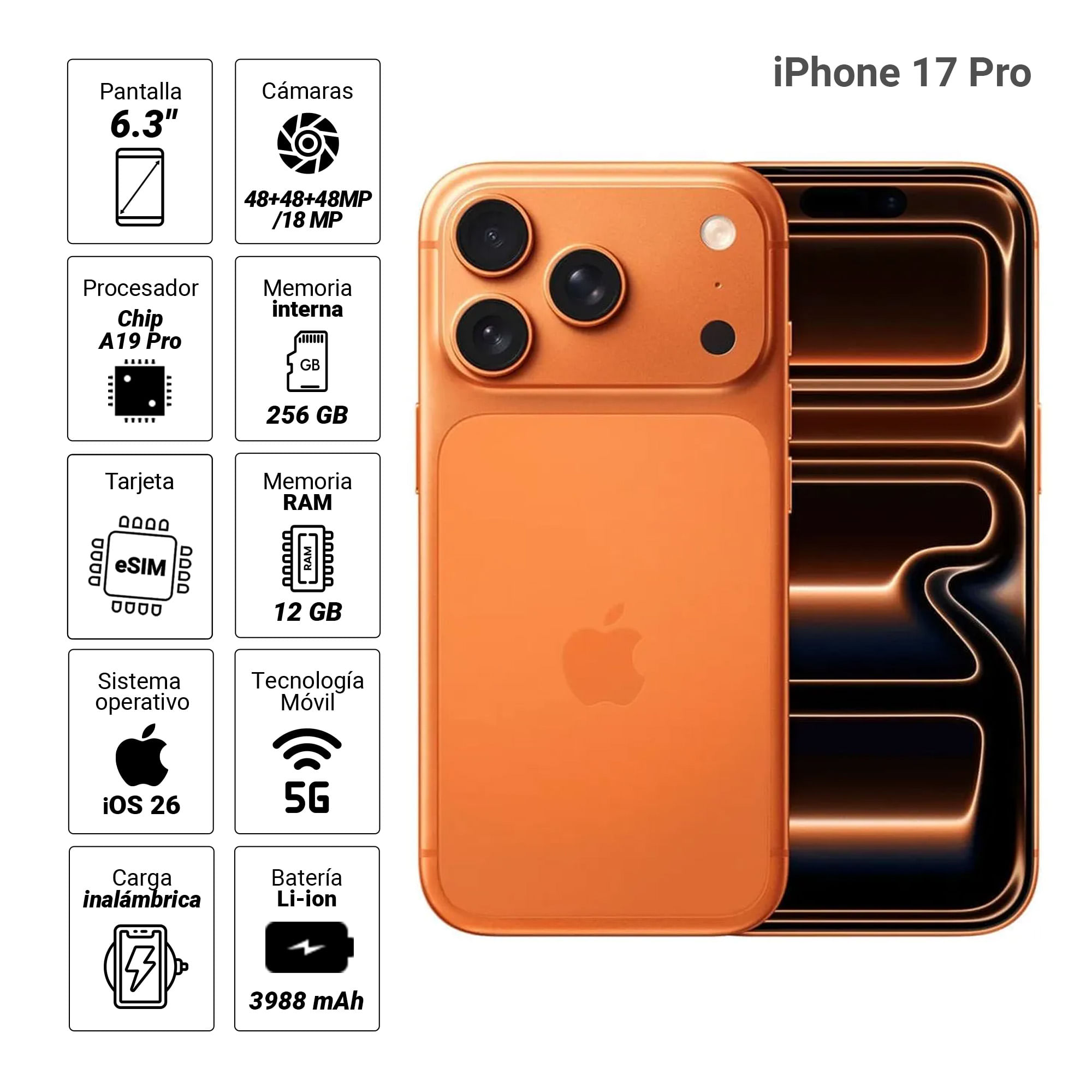 Imagen 2 del producto iPhone 17 Pro 5G 256GB, 12GB RAM, cámara trasera 48MP y frontal 18MP, 6.3"", naranja