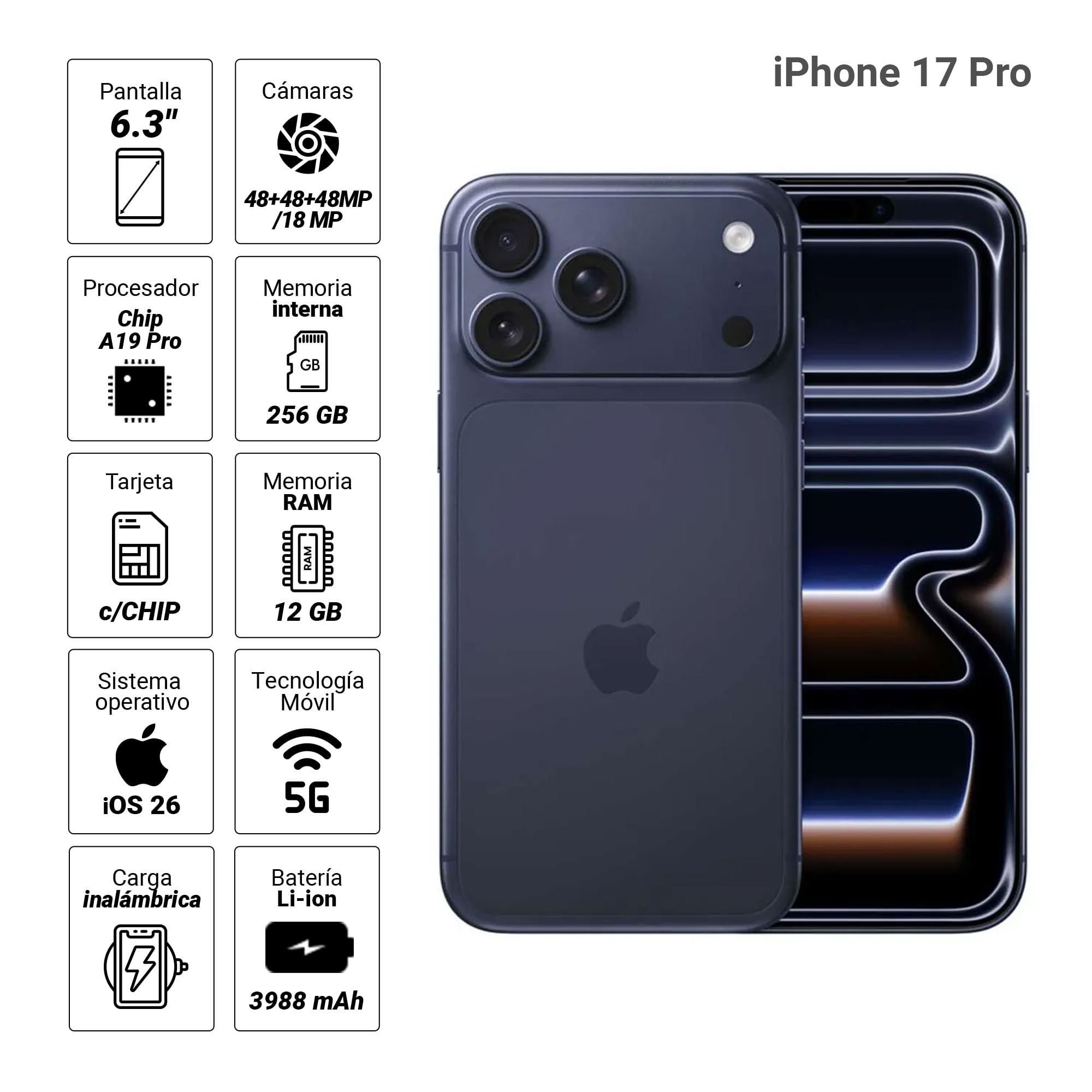 Imagen 2 del producto iPhone 17 Pro 5G 256GB, 12GB RAM, cámara trasera 48MP, frontal 18MP, 6.3"", azul sierra