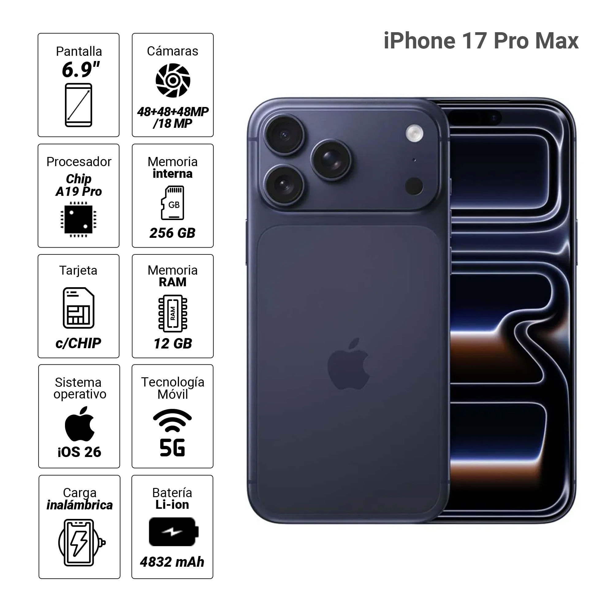 Imagen 2 del producto iPhone 17 Pro Max 5G 256GB, 12GB RAM, cámara trasera 48MP, frontal 18MP, 6.9"", Deep Blue