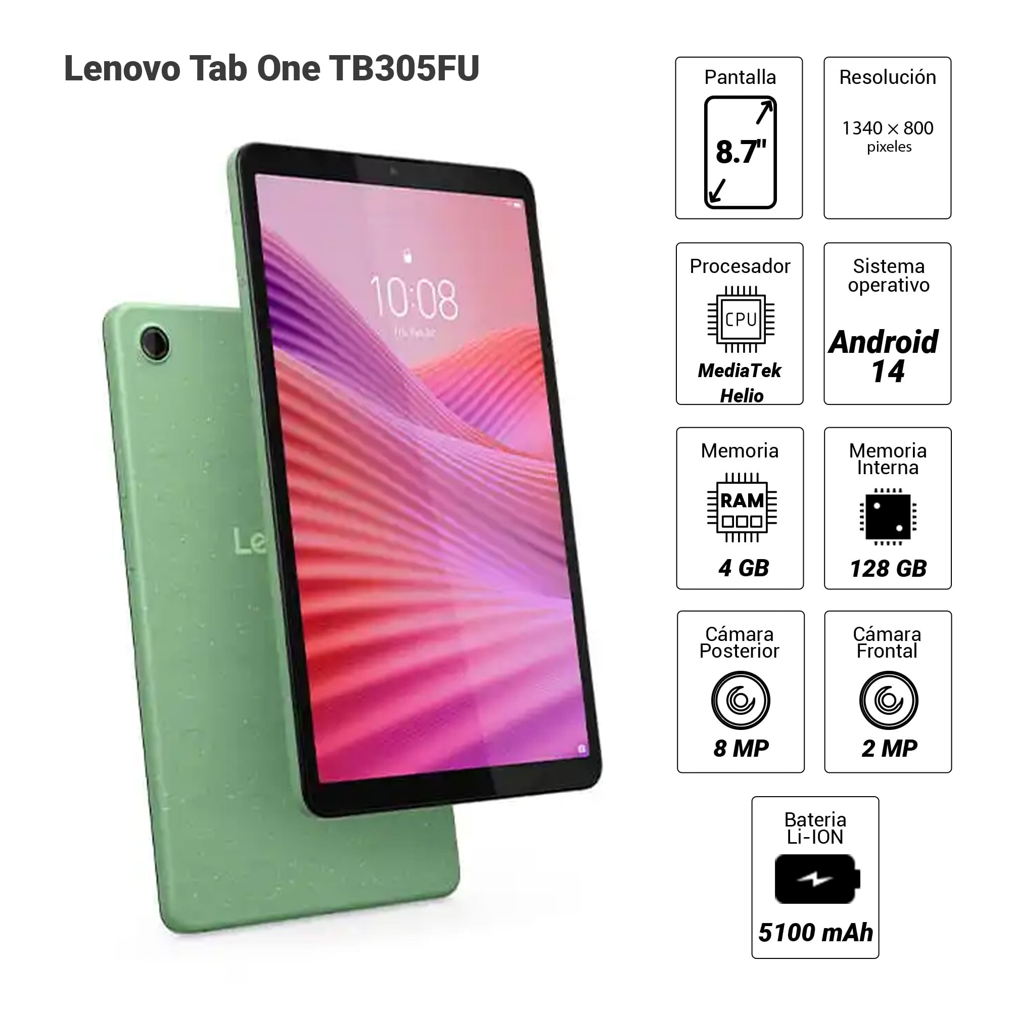 Imagen 2 del producto Tablet Lenovo Tab One TB305FU 8.7"" 128GB, 4GB RAM, cámara principal 8MP y frontal 2MP, 5100 mAh, MediaTek Helio, verde + Case
