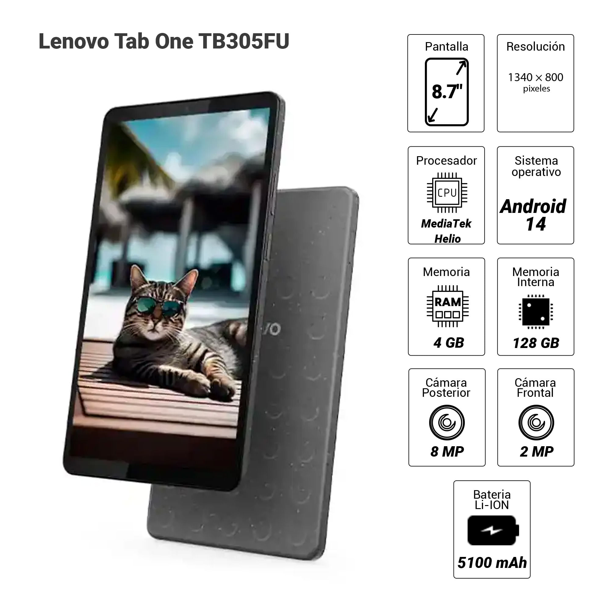 Imagen 2 del producto Tablet Lenovo Tab One TB305FU 8.7"" 128GB, 4GB RAM, cámara principal 8MP y frontal 2MP, 5100 mAh, MediaTek Helio G85, luna grey + Case
