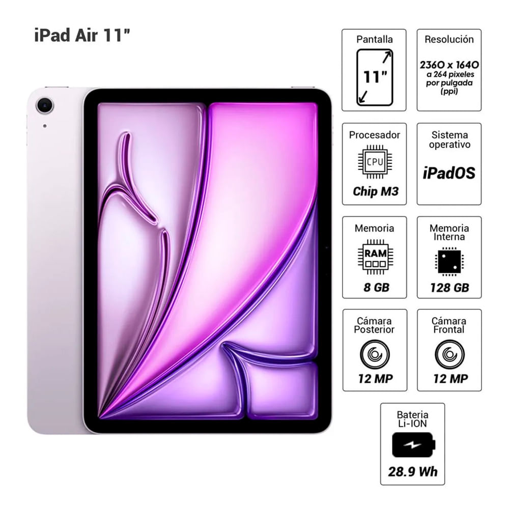 Imagen 2 del producto iPad Air 11"" (2024) 128GB, 8GB RAM, cámara principal 12MP y frontal 12MP, 7606 mAh, Chip M3, purple + Apple Pencil Pro