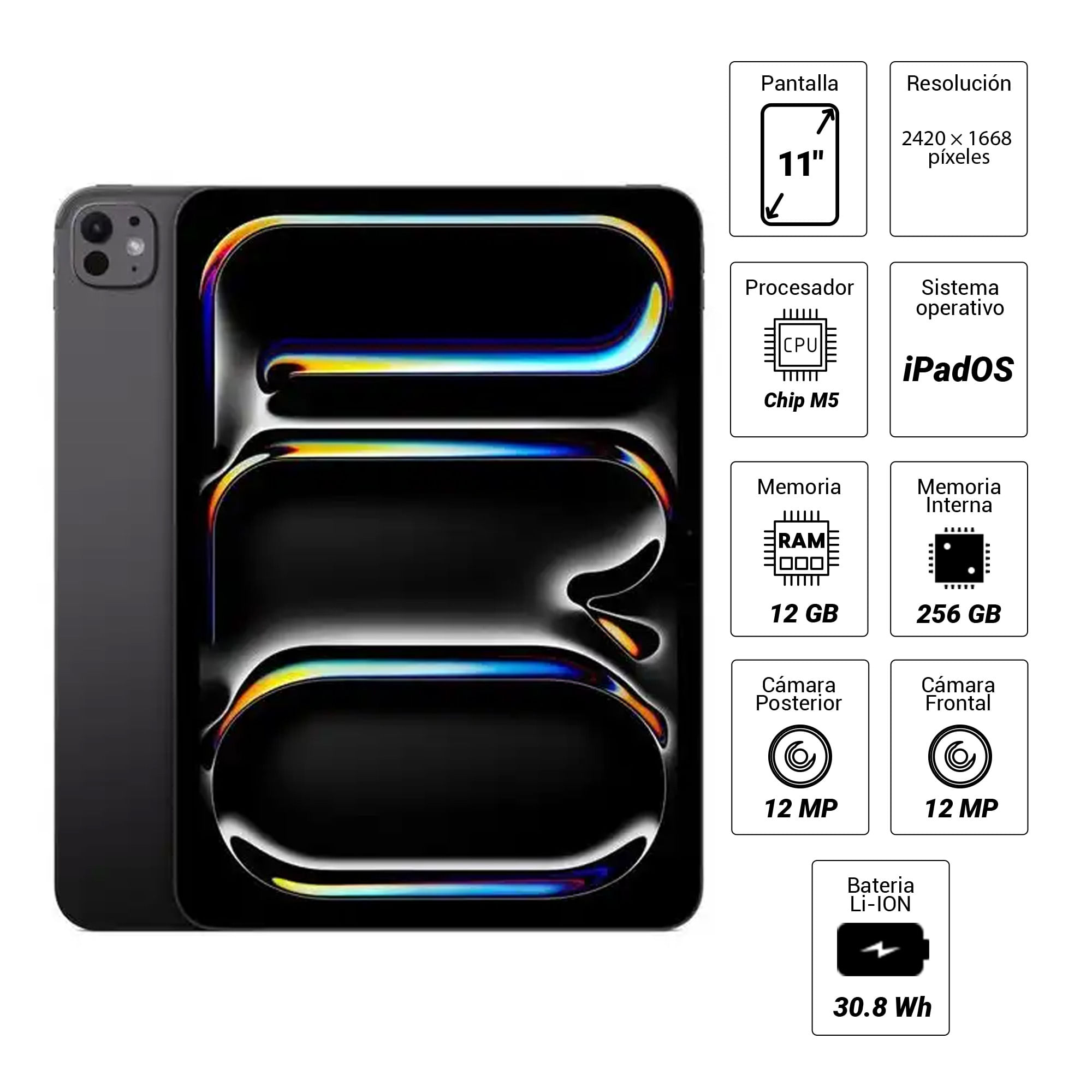 Imagen 2 del producto iPad Pro 11"" 256GB, 12GB RAM, cámara principal 12MP y frontal 12MP, 8160 mAh, Chip M5, space black
