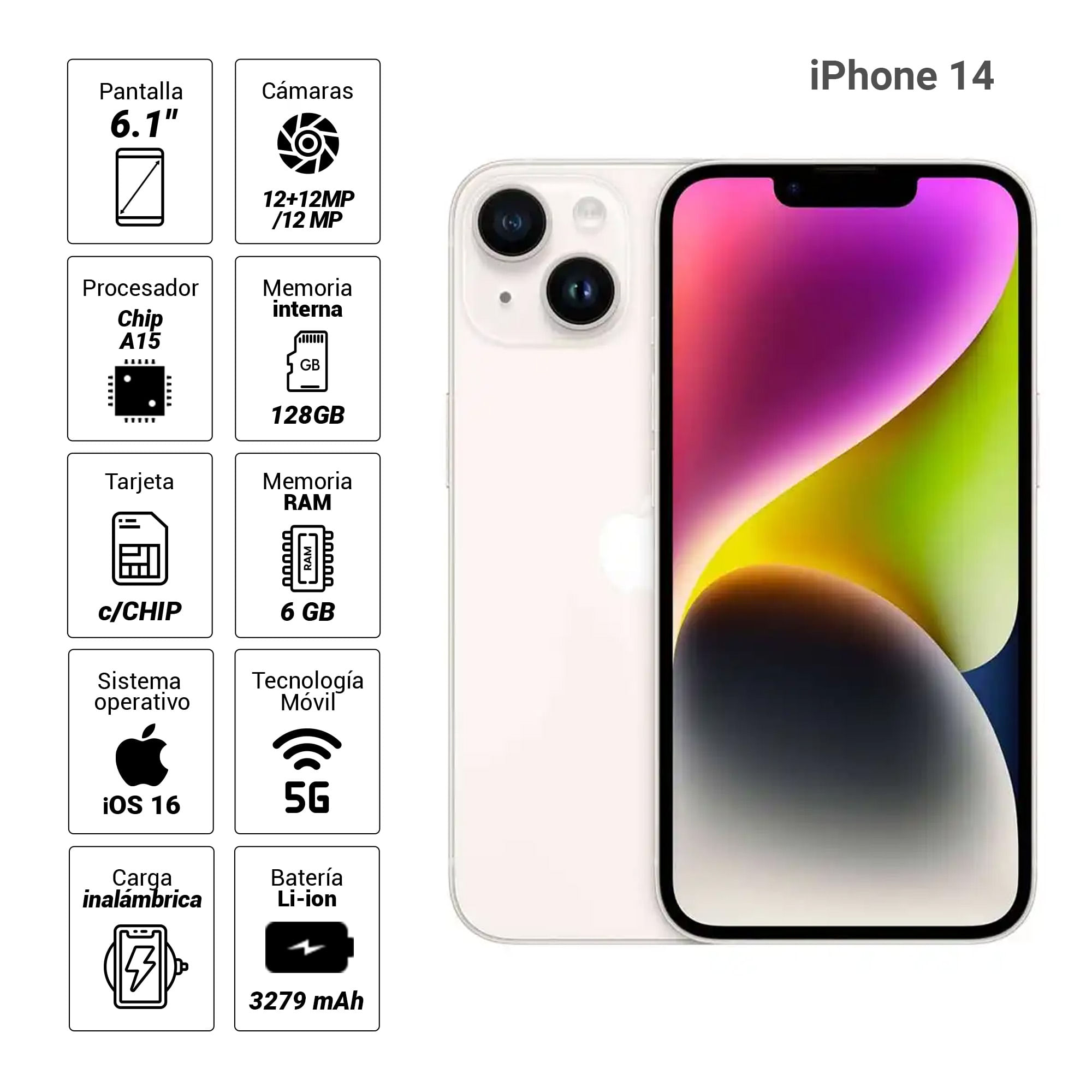 Imagen 2 del producto iPhone 14 5G 128GB, 6GB RAM, cámara trasera 12MP y frontal 12MP, 6.1"", blanco estelar