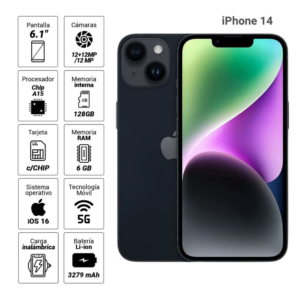 Imagen 2 del producto iPhone 14 c/CHiP 5G 128GB, 6GB RAM, cámara trasera 12MP y frontal 12MP, 6.1"", negro
