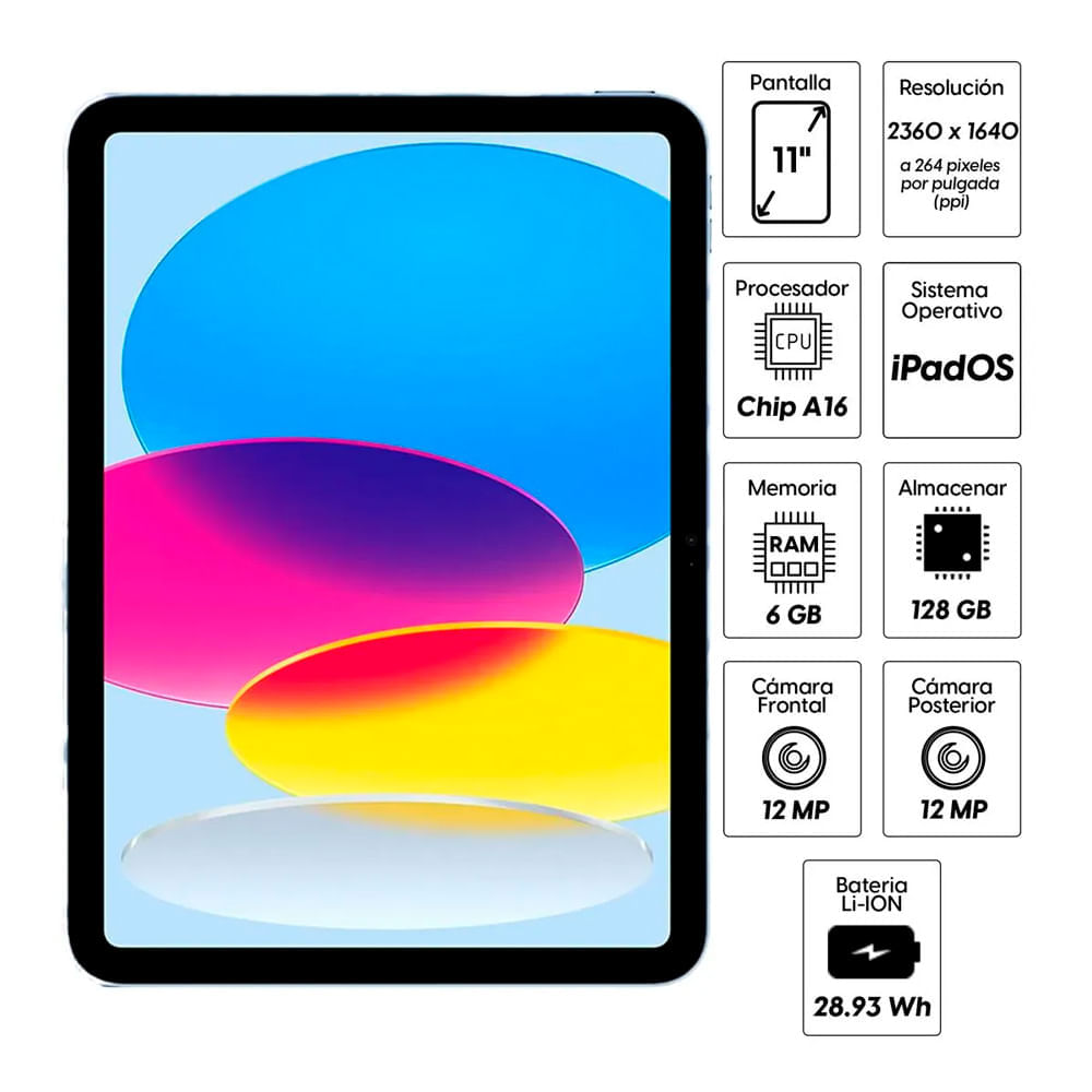 Imagen 2 del producto iPad 11"" 128GB, 6GB RAM, cámara principal 12MP y frontal 12MP, 28.93 Wh, Chip A16, blue