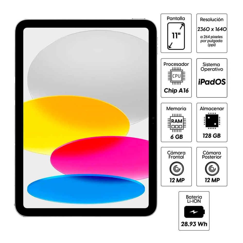 Imagen 2 del producto iPad 11"" 128GB, 6GB RAM, cámara principal 12MP y frontal 12MP, 28.93 Wh, Chip A16, silver