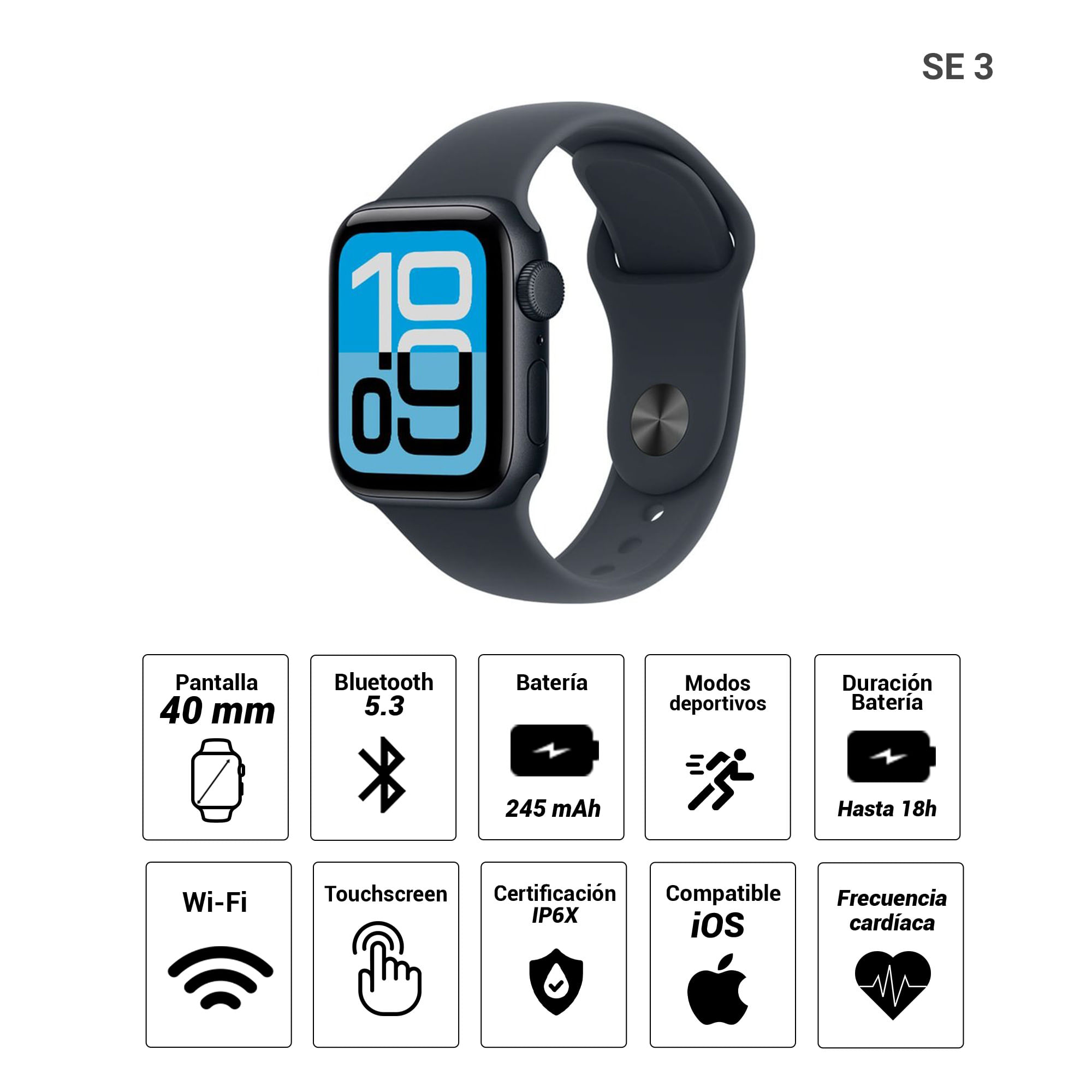 Imagen 2 del producto Apple Watch Series SE 3 40mm/OLED, resistente al agua hasta 50 m, batería hasta 18 horas, midnight aluminium