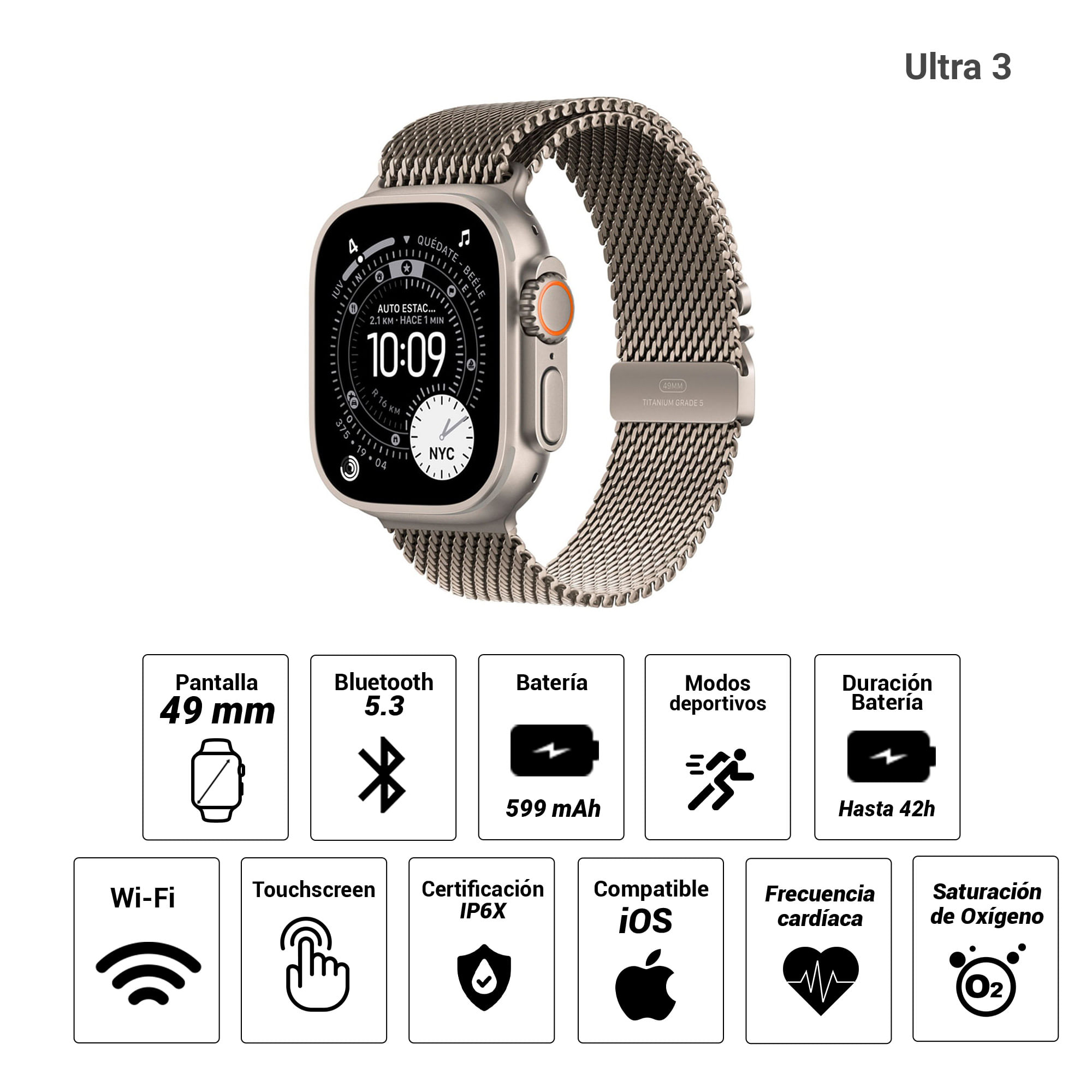 Imagen 2 del producto Apple Watch Ultra 3 49mm/OLED, resistente al agua hasta 100m, batería hasta 42 horas, natural titanium