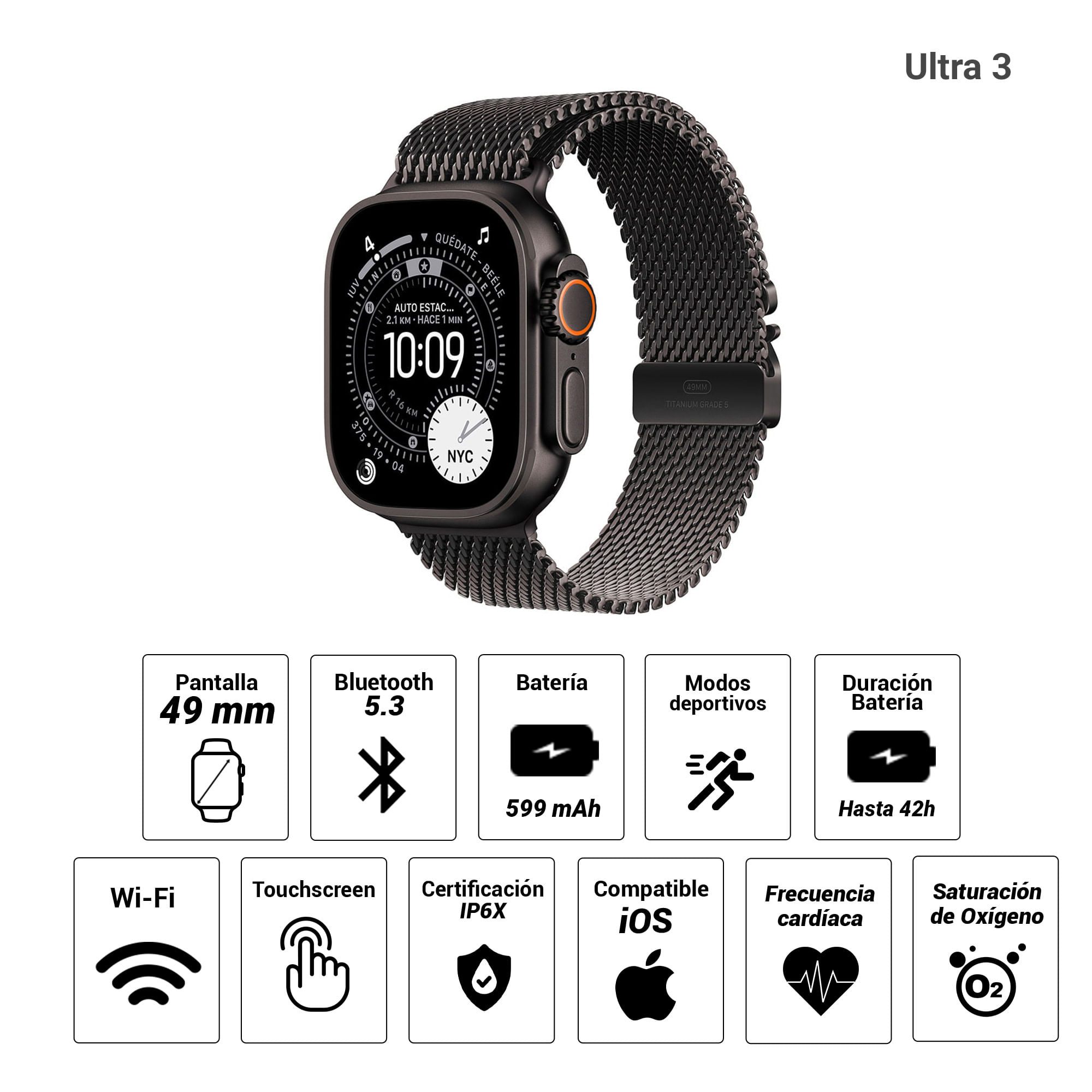 Imagen 2 del producto Apple Watch Ultra 3 49mm/OLED, resistente al agua hasta 100m, batería hasta 42 horas, black titanium