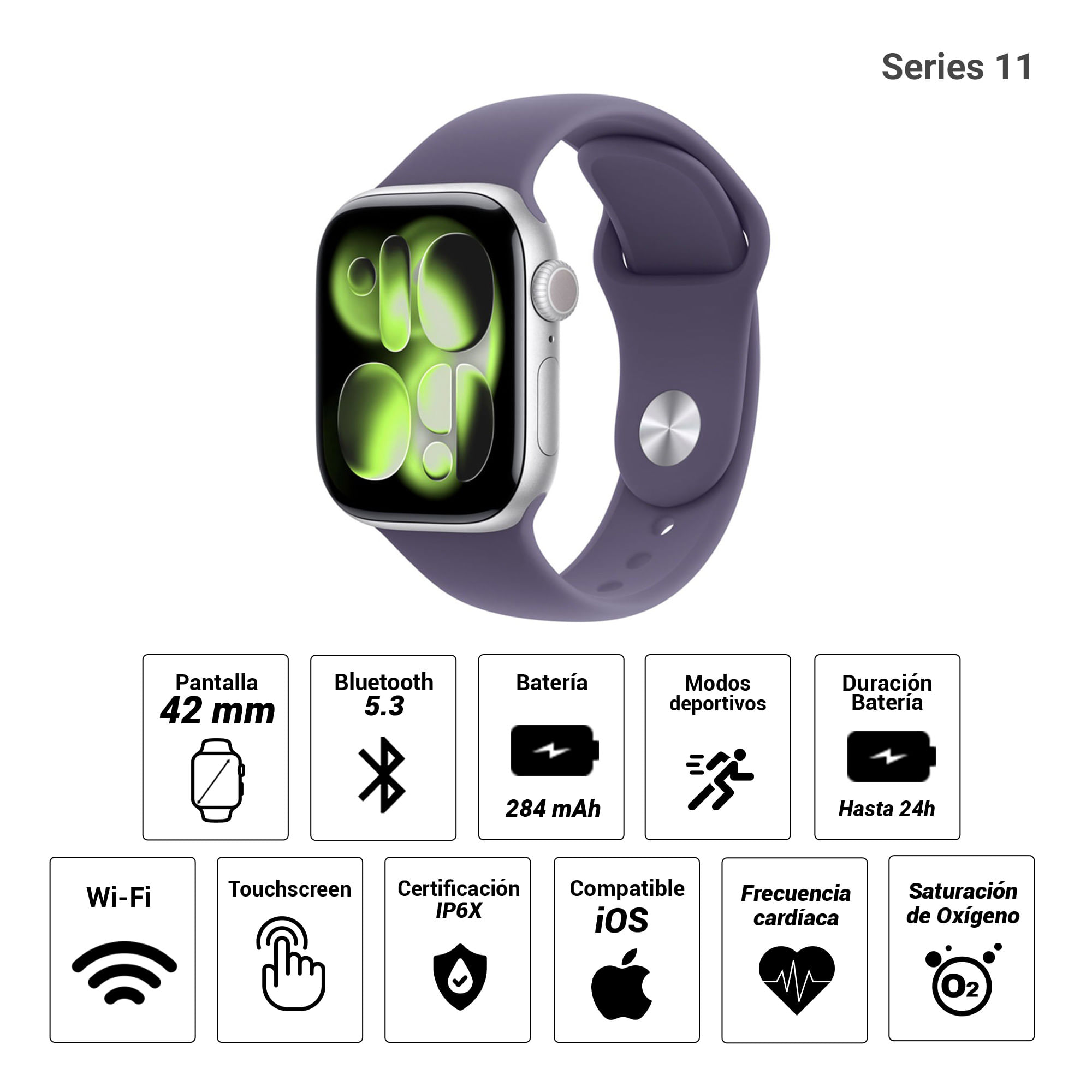 Imagen 2 del producto Apple Watch Series 11 42mm/OLED, resistente al agua hasta 50 m, batería hasta 24 horas, plateado