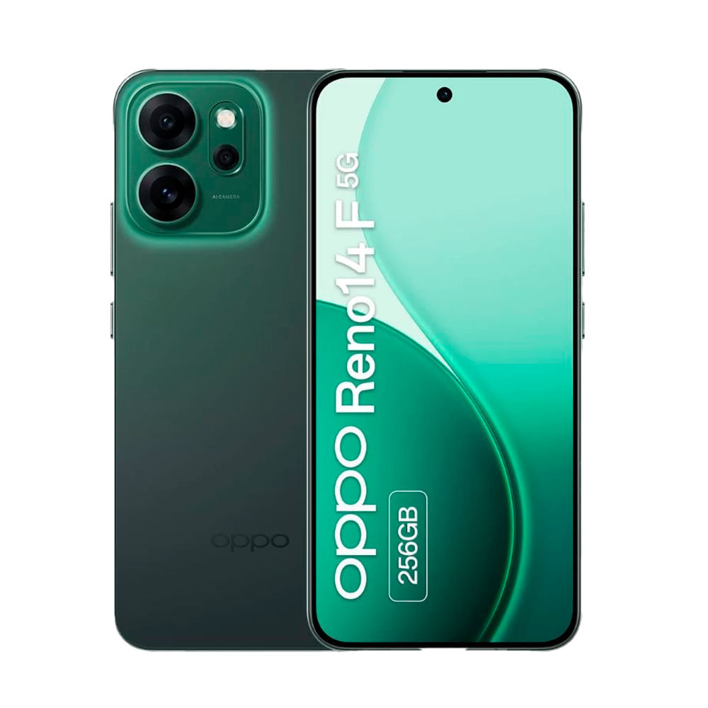 Celular OPPO Reno 14F 5G 256GB, 12GB RAM, cámara trasera 50MP y frontal 32MP, 6.57", verde luminoso