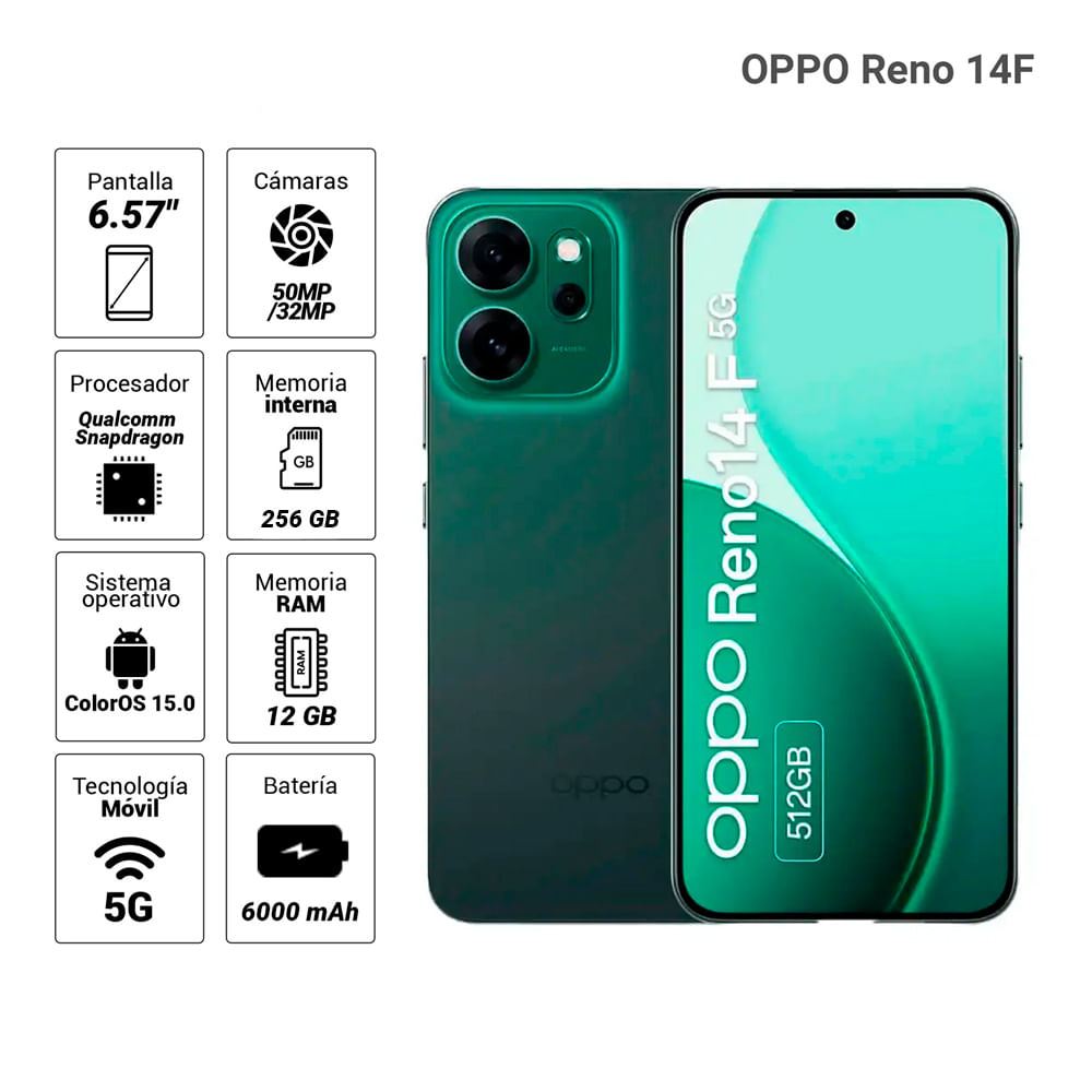 Imagen 2 del producto Celular OPPO Reno 14F 5G 256GB, 12GB RAM, cámara trasera 50MP y frontal 32MP, 6.57"", verde luminoso