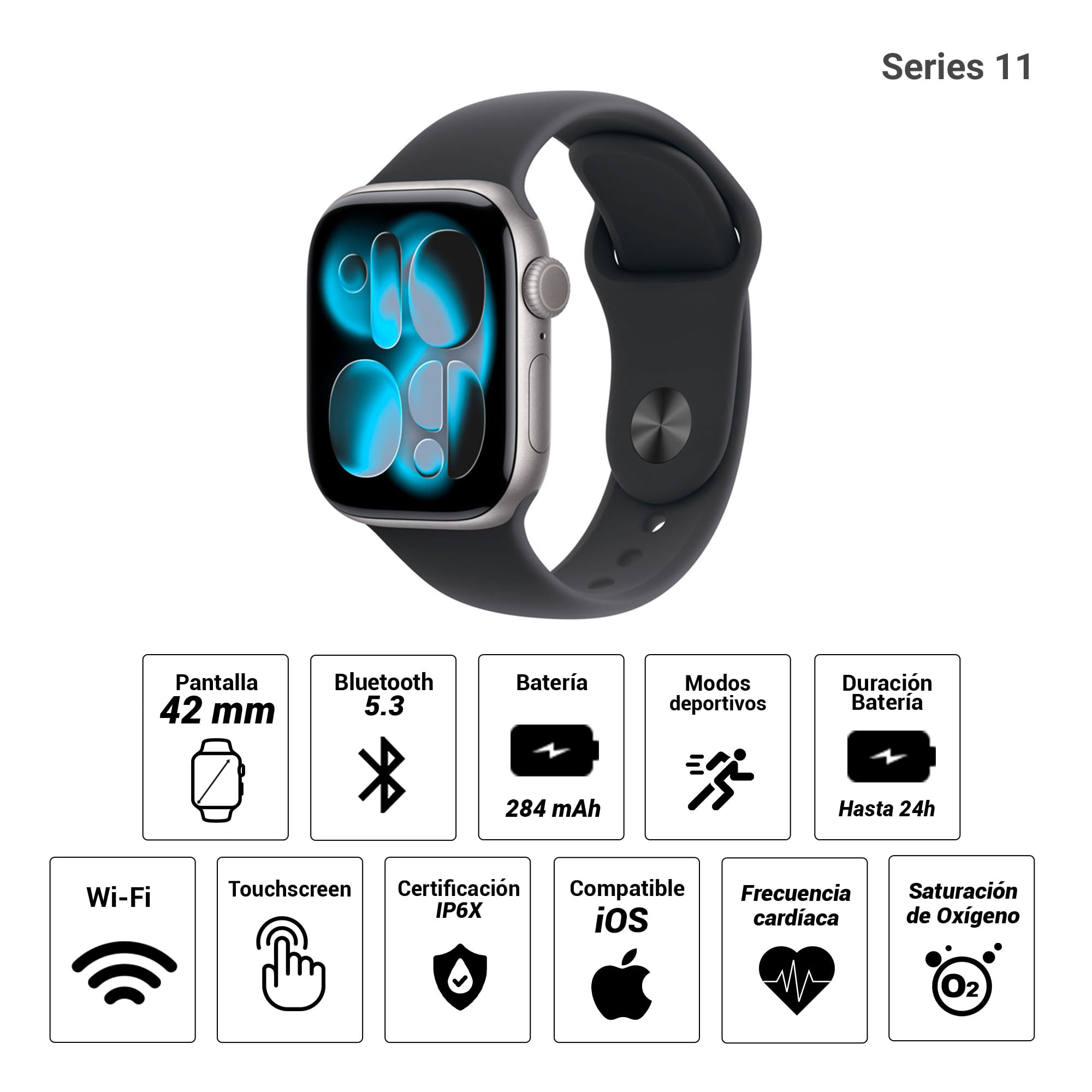 Imagen 2 del producto Apple Watch Series 11 42mm/OLED, resistente al agua hasta 50 m, batería hasta 24 horas, grey aluminium