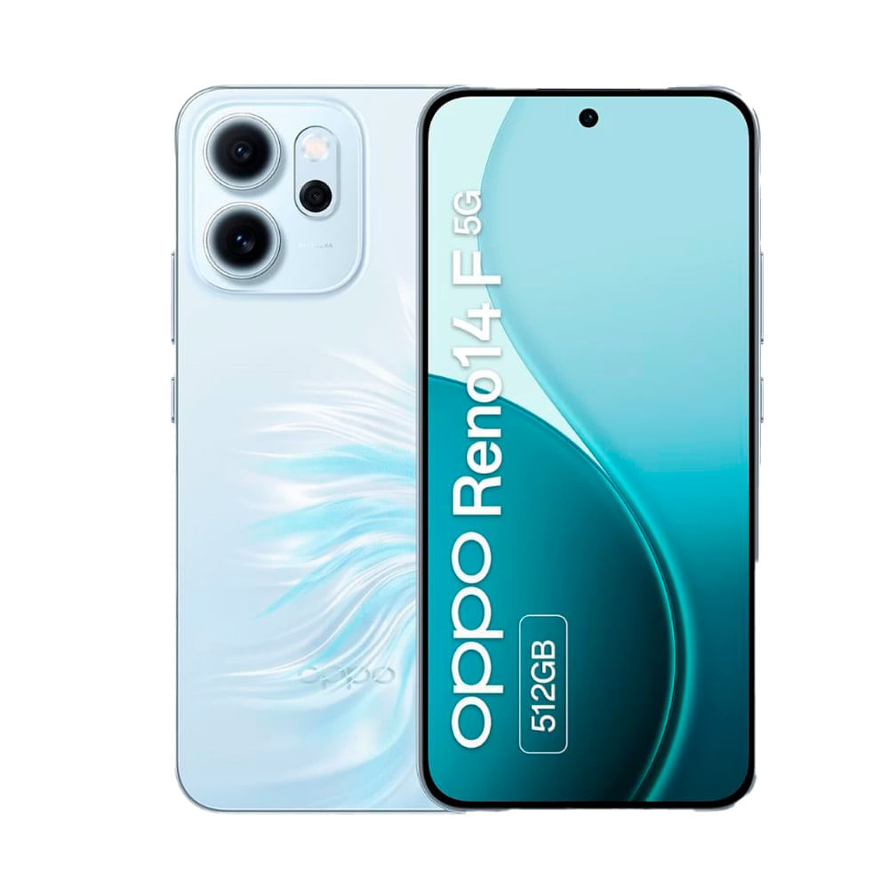 Celular OPPO Reno 14F 5G 512GB, 12GB RAM, cámara trasera 50MP y frontal 32MP, 6.57", azul ópalo