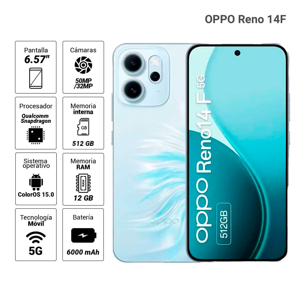 Imagen 2 del producto Celular OPPO Reno 14F 5G 512GB, 12GB RAM, cámara trasera 50MP y frontal 32MP, 6.57"", azul ópalo