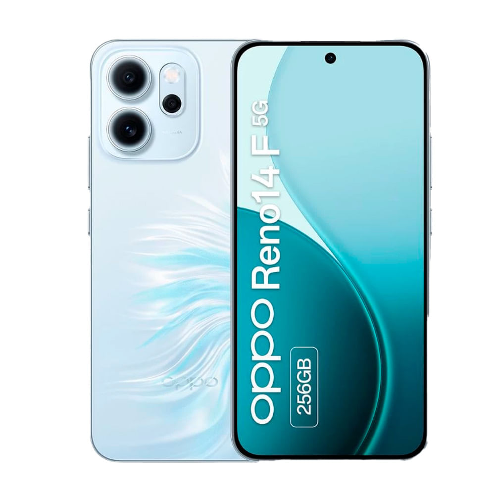 Celular OPPO Reno 14F 5G 256GB, 12GB RAM, cámara trasera 50MP y frontal 32MP, 6.57", azul ópalo
