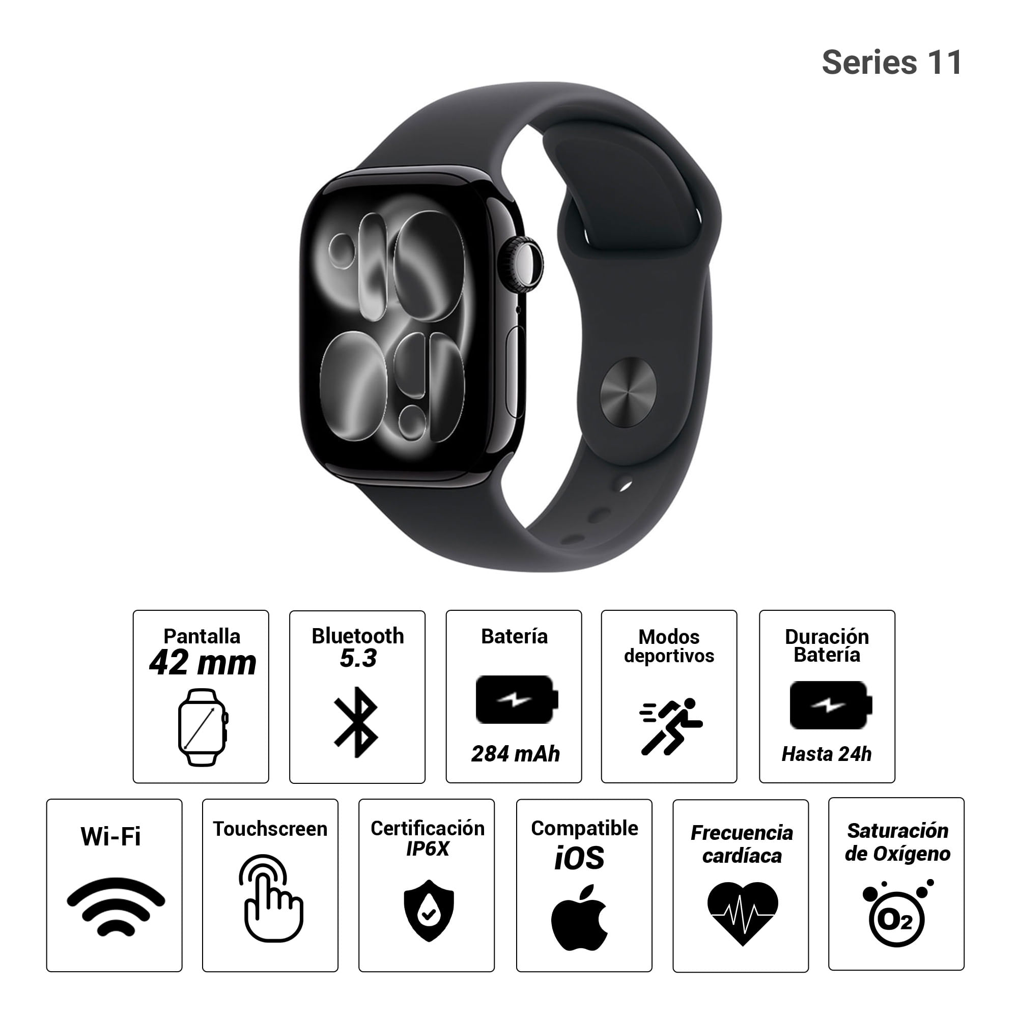 Imagen 2 del producto Apple Watch Series 11 42mm/OLED, resistente al agua hasta 50 m, batería hasta 24 horas, correa M/L, jet black aluminium