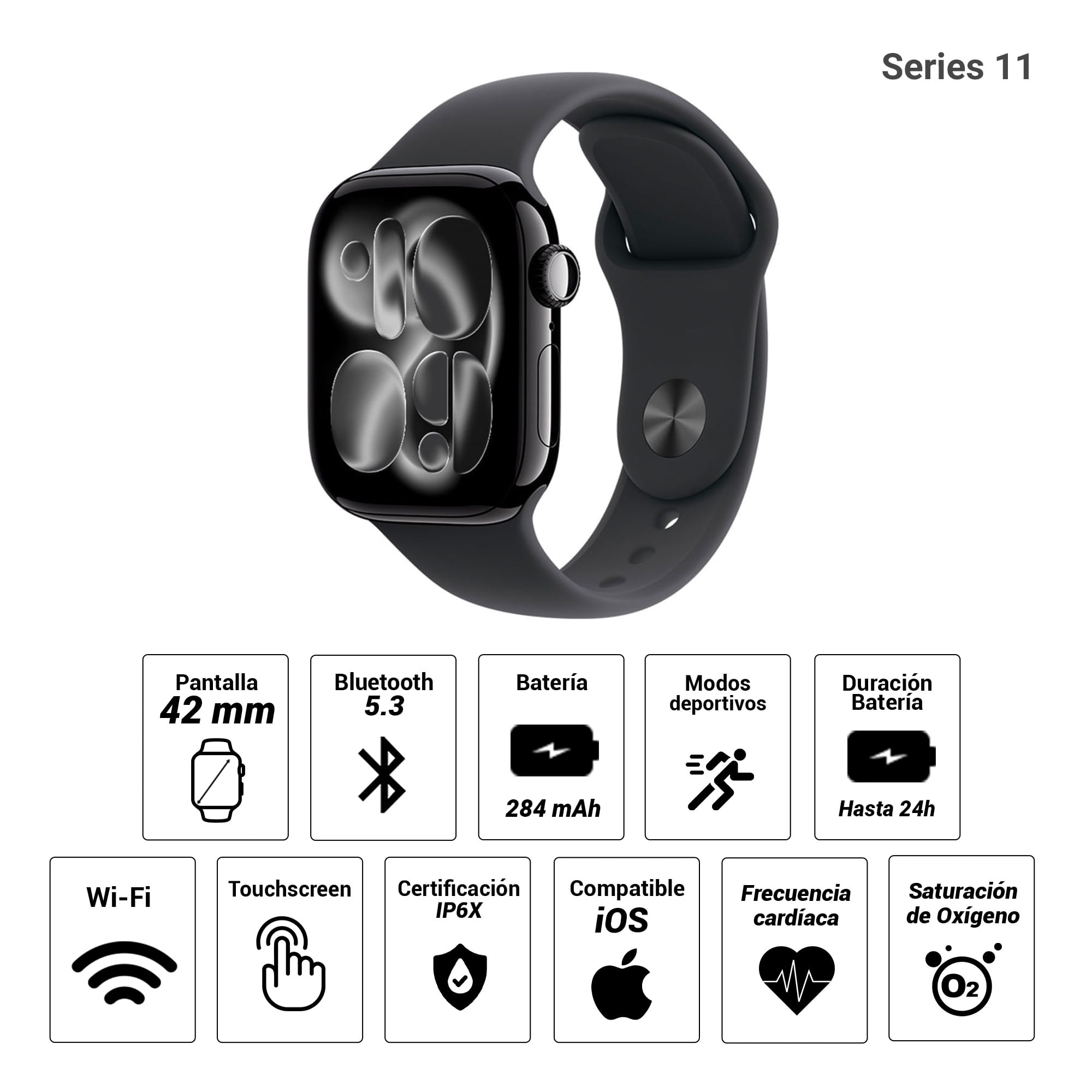 Imagen 2 del producto Apple Watch Series 11 42mm/OLED, resistente al agua hasta 50 m, batería hasta 24 horas, correa S/M, negro azabache