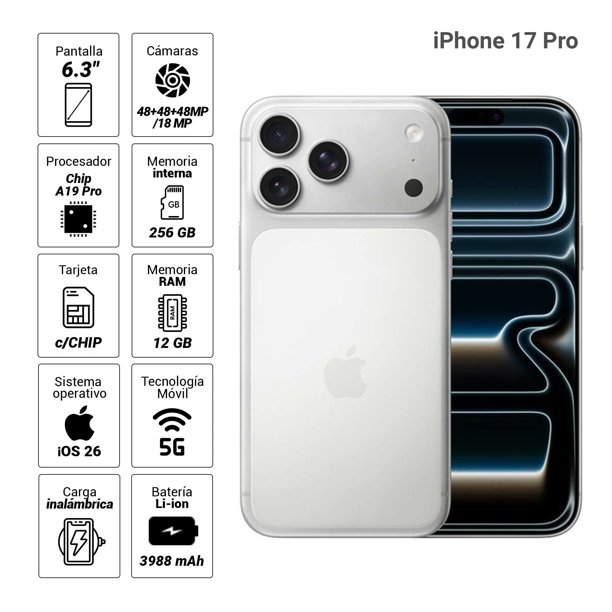 Imagen 2 del producto iPhone 17 Pro Max 5G 256GB, 12GB RAM, cámara trasera 48MP y frontal 18MP, 6.9"", plateado