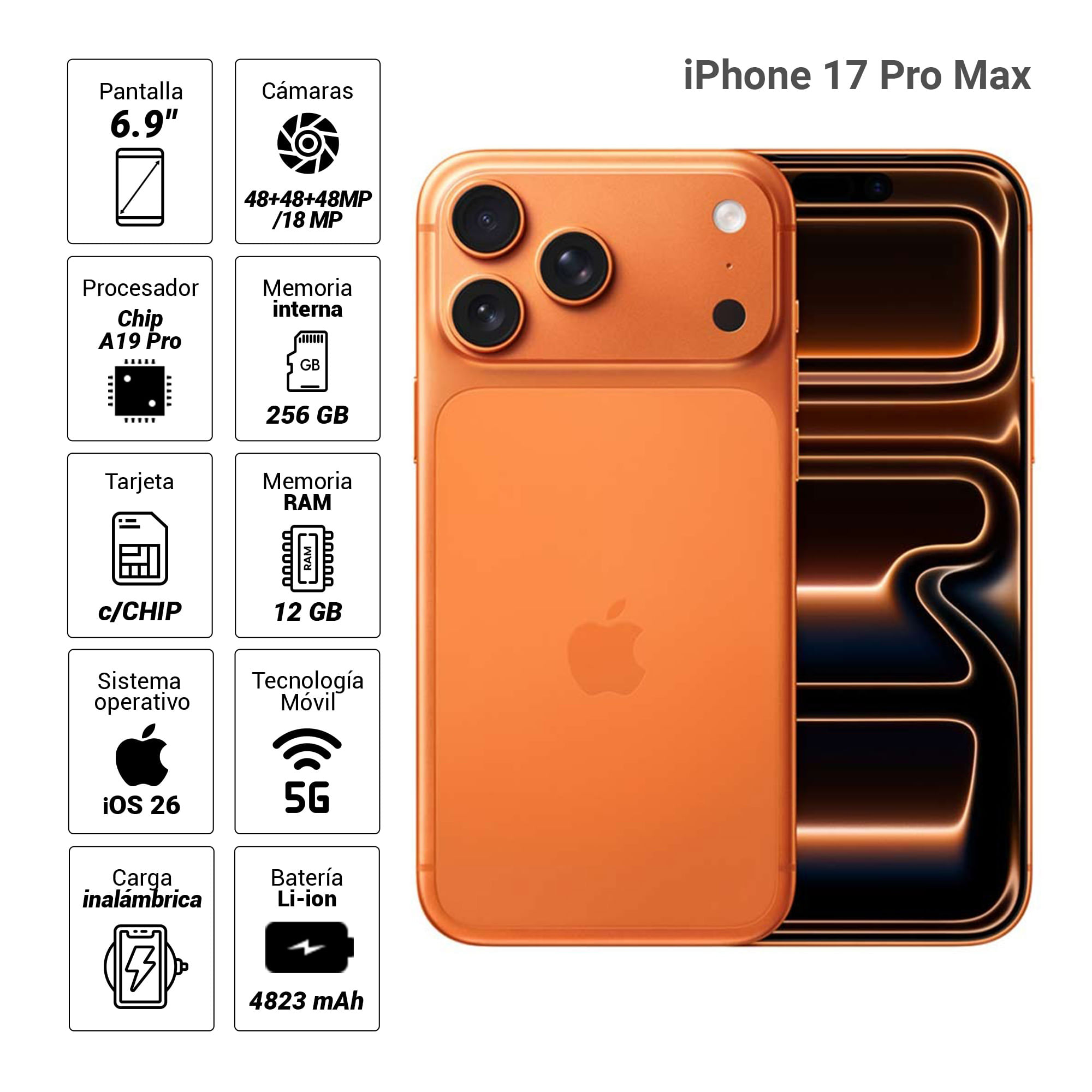 Imagen 2 del producto iPhone 17 Pro Max 5G 256GB, 12GB RAM, cámara trasera 48MP y frontal 18MP, 6.9"", naranja