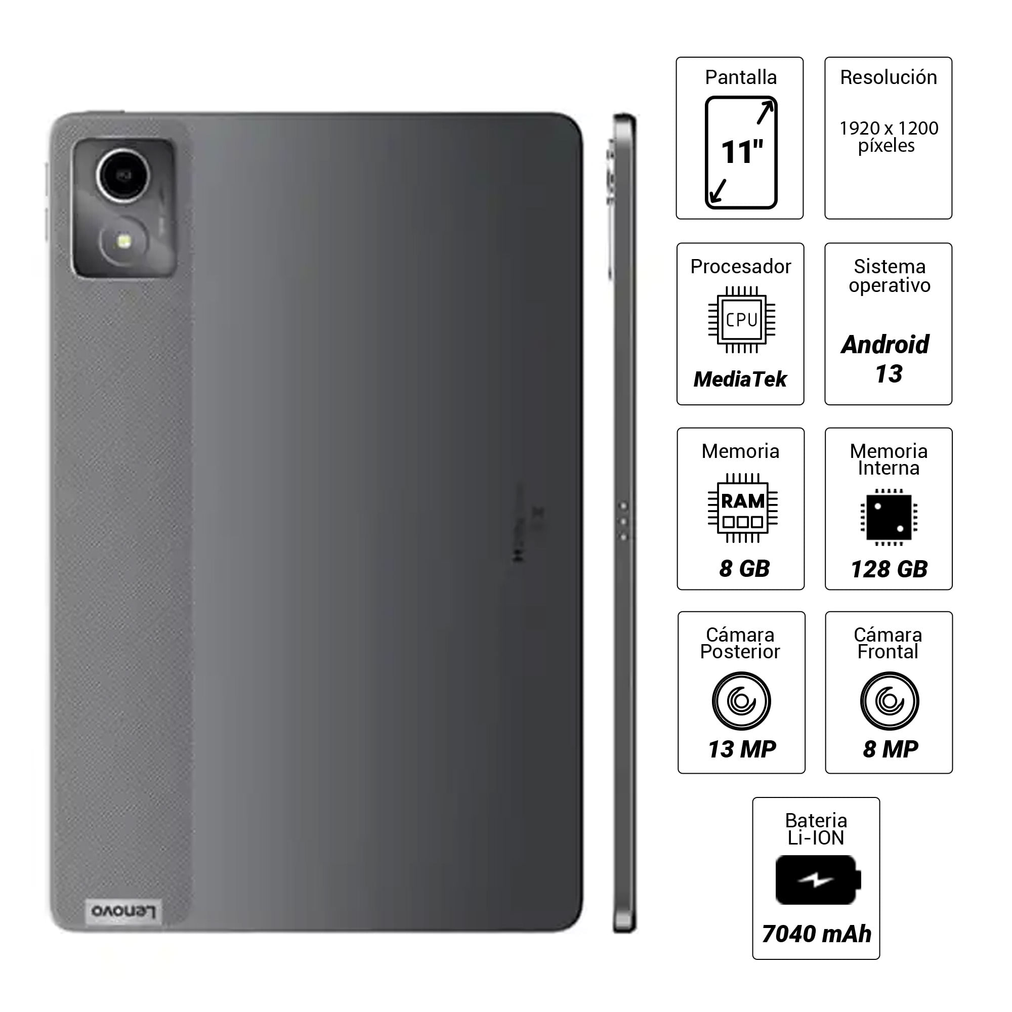 Imagen 2 del producto Tablet Lenovo Tab K11 11"" 128GB, 8GB RAM, cámara principal 13MP y frontal 8MP, 7040 mAh, MediaTek Helio G88, luna grey