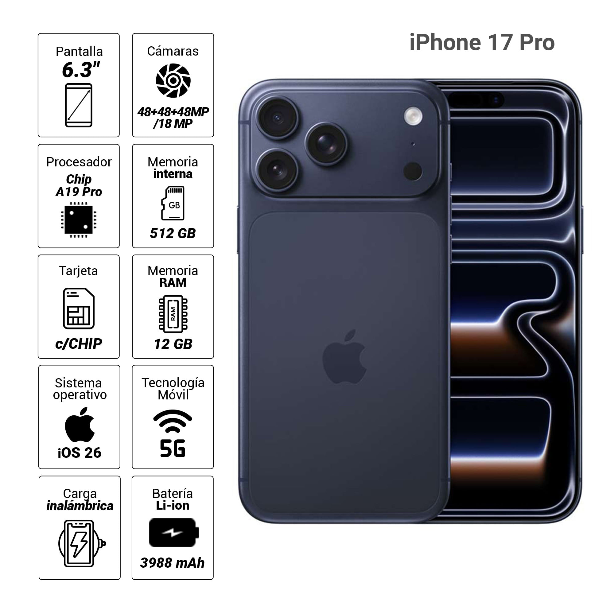 Imagen 2 del producto iPhone 17 Pro 5G 512GB, 12GB RAM, cámara trasera 48MP, frontal 18MP, 6.3"",  azul sierra